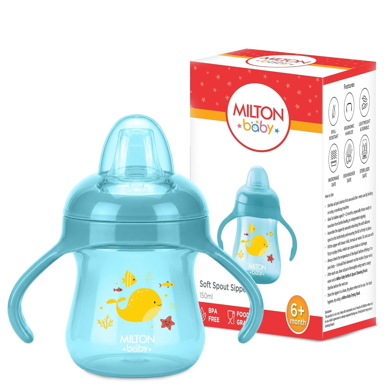 MILTON baby Soft Silicone Spout Sipper Water Bottle for Kids I 100% Food Grade I BPA Free I Spill Resistant I with Capacity Marking I Ergonomic Handle I Sterilizer Safe Sippy Cups I 150 ml I Blue-picture-37