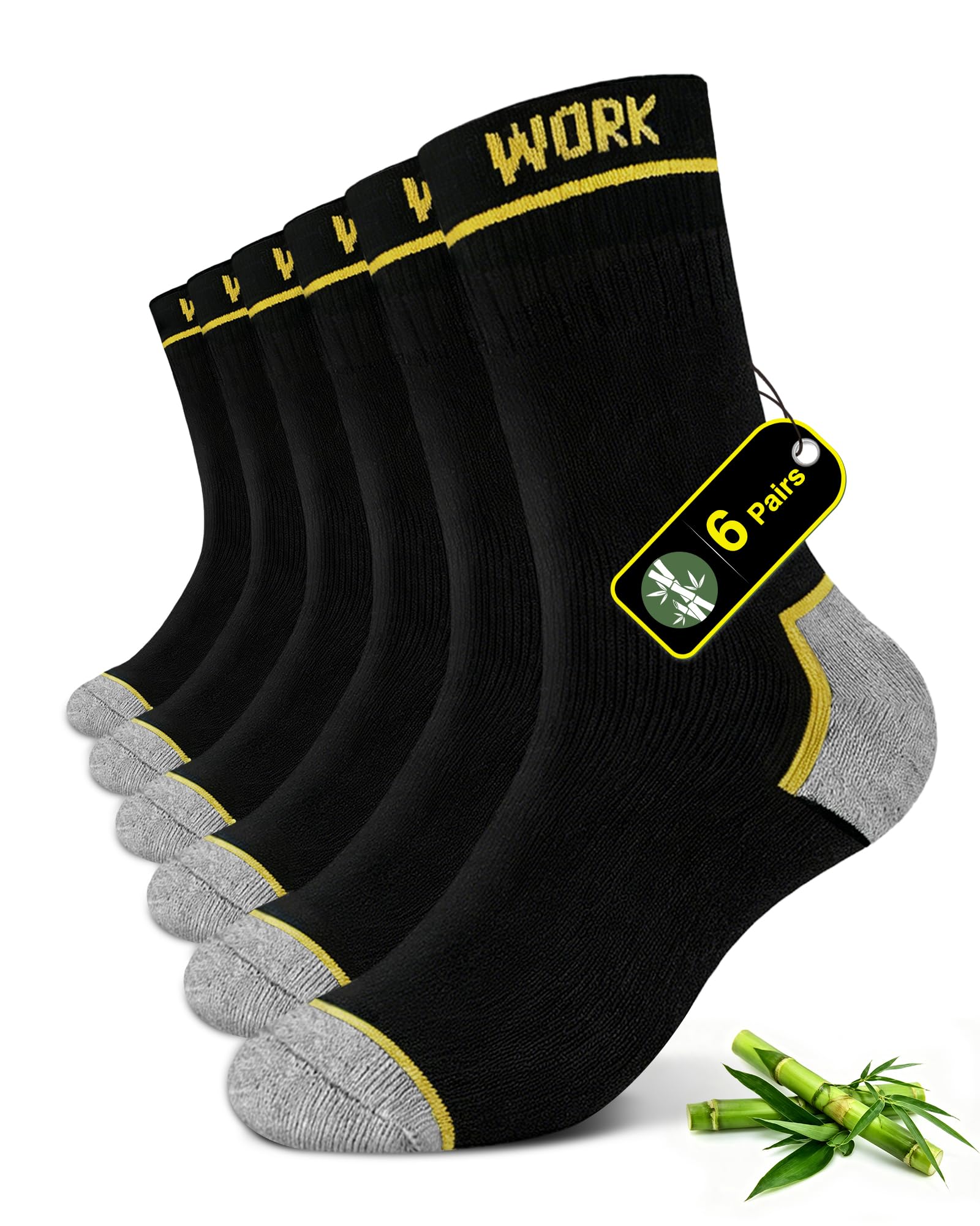 FALARY Bambus Arbeitssocken Herren Work Socken Frottee Dicke 6/12 Paar | Schwarz Bambussocken, Funktionssocken, Atmungsaktive, Antibakterielle, Verstärkt Ferse Zehen, für Schwerarbeiter, Winter
