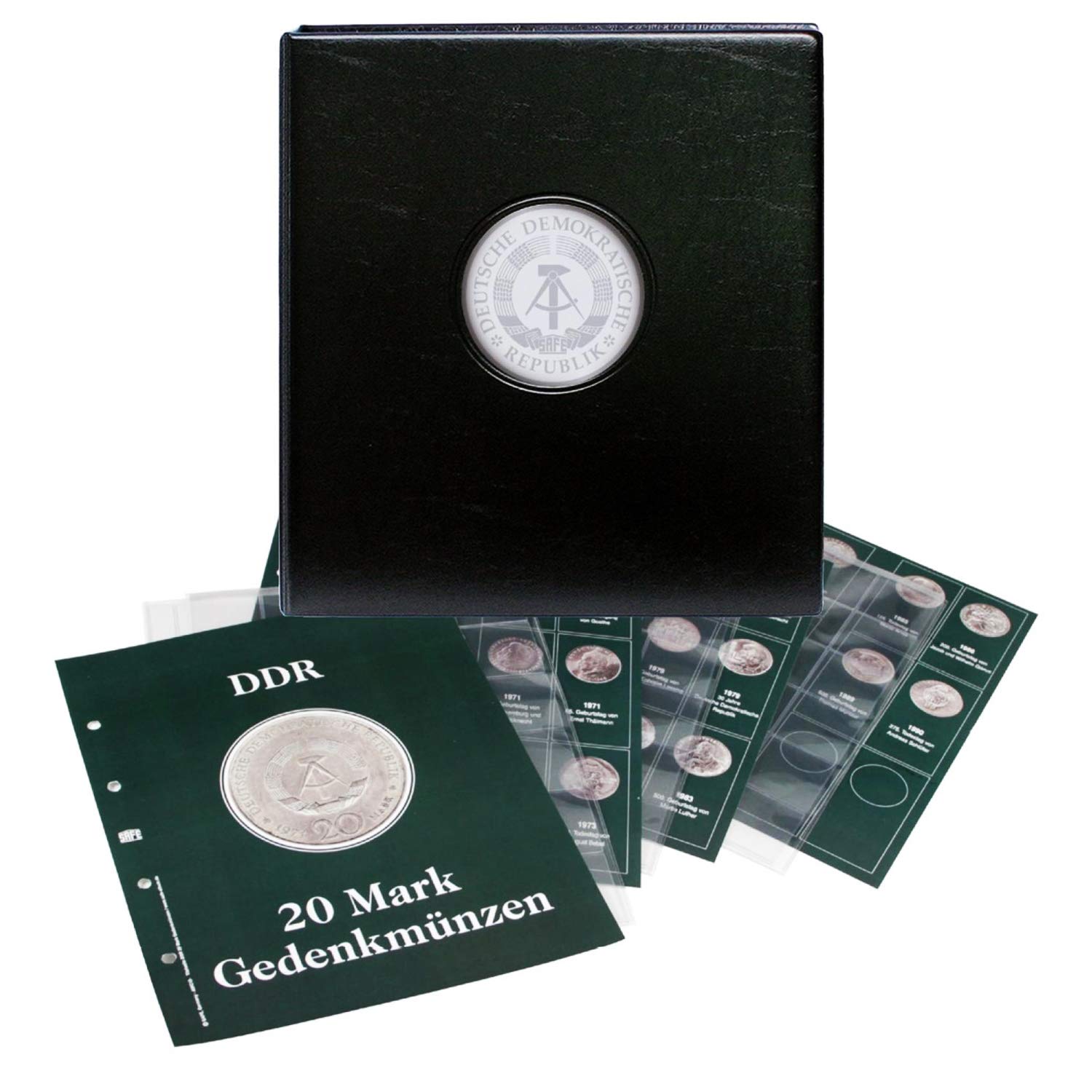 SAFE 7412 Münzen Sammelalbum Premium DDR 20 Mark | Münzsammelalbum + 4 Münzhüllen Nr. 7292 + 4 Vordruckblätter 20 Mark von Marx bis Engels