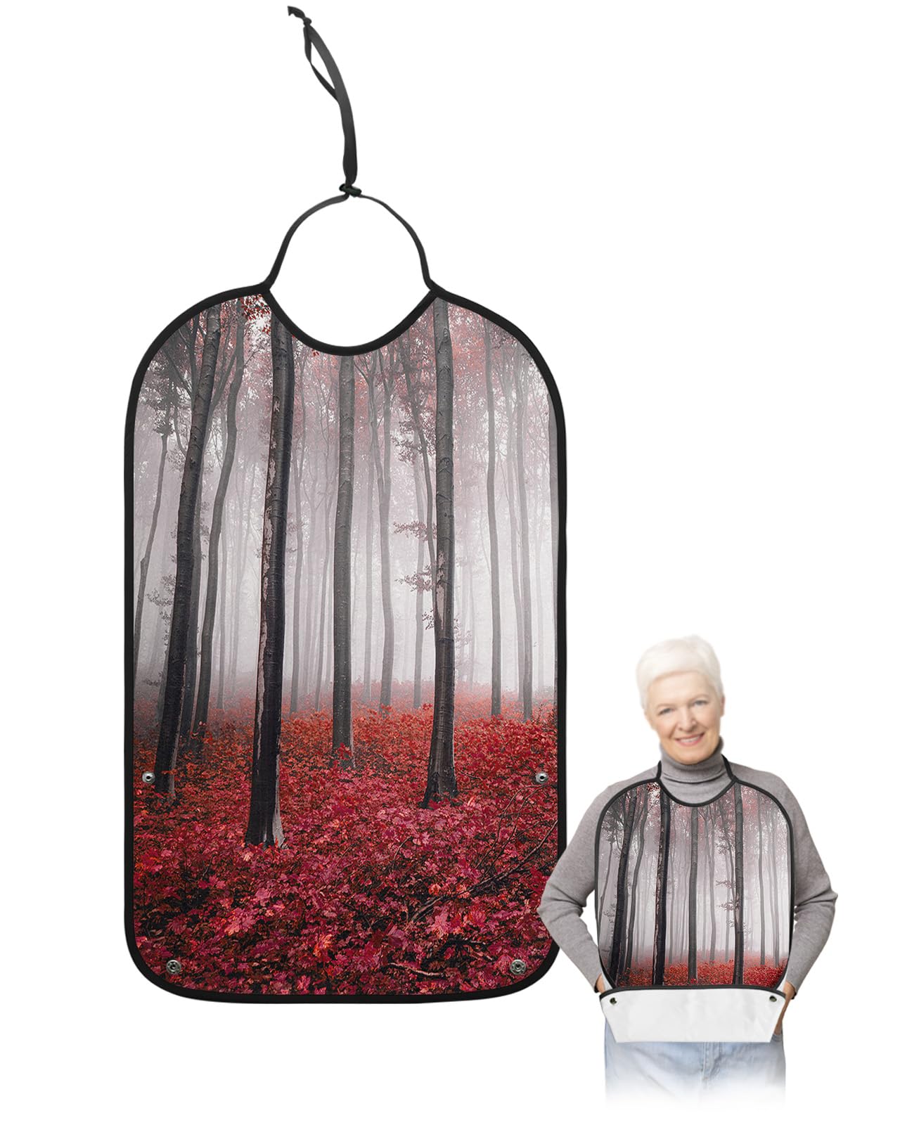LEOKOTI Red Forest Adult Bibs for Eating, Waterproof Bibs with Food Catcher & Adjustable Snap Closure, Fall Maple Leaf Natural Landscape Washable Clothing Protectors Adult Bibs for Elderly Women/Men
