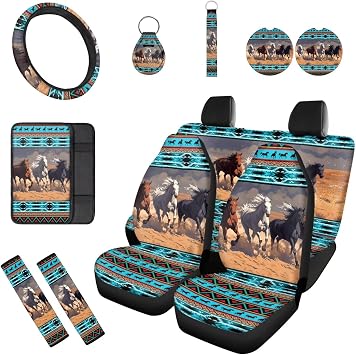 Western Horse Car Seat Covers Full Set for Women with Steering Wheel Cover Seat Belt Pads Console Armrest Pad Keyring for Most Cars 12 Pcs