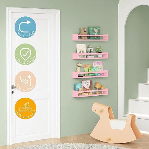 Miniatura 4 de Forbena Juego de 4 estanterías grandes para habitación de niñas, estantes flotantes para decoración de pared de bebé, guardería, 24 pulgadas de