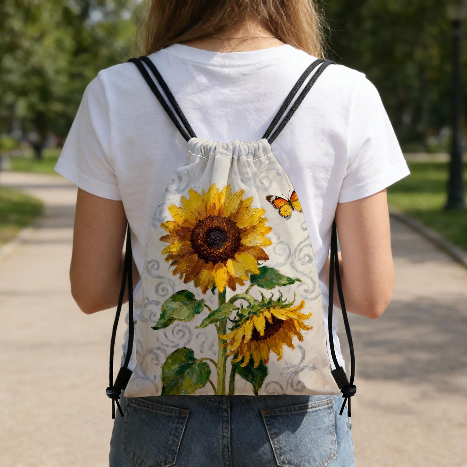Retro Sunflower Dual-Sided Print Drawstring Bag