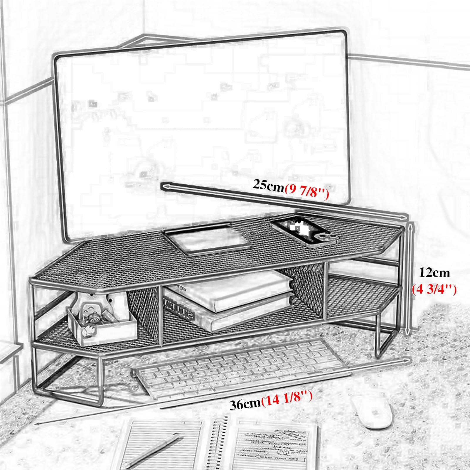 Stojak na Monitor Stojak do Przechowywania Monitora z Podnośnikiem Żelaznym na Biurko, Uchwyt Organizera Biurowego na Ekran Monitora, Podwójny Stojak Narożny na Komputer Może Być Wentylowany(White,S)