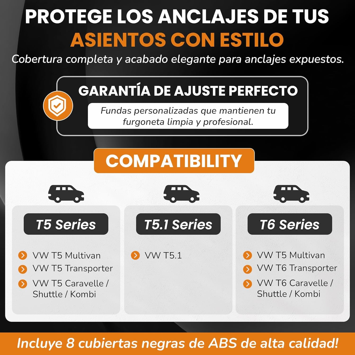 Tapas Para Anclajes de Asientos T5-T5.1 T6 Compatible con Multivan-Transporter-Caravelle-Kombi-Shuttle/Embellecedores de Anclajes Asientos/Tapas Para Base de Asiento (Pack 8)