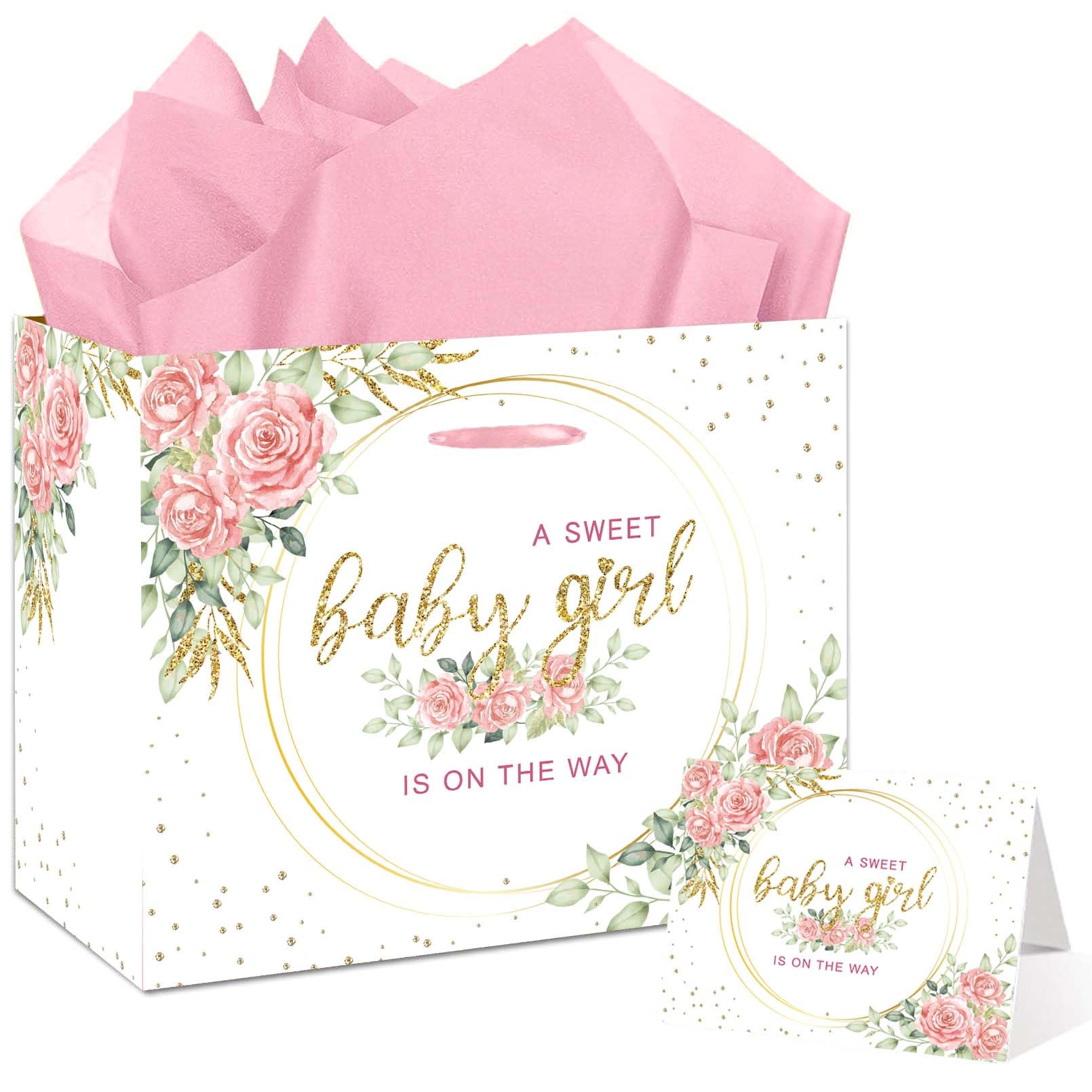 SUNDECO Large Baby Shower Girl Gift Bag with Tissue Paper and Greeting Card Pink baby in bloom Wrapping Paper for Baby Girl Gifts and Birthday Decor,