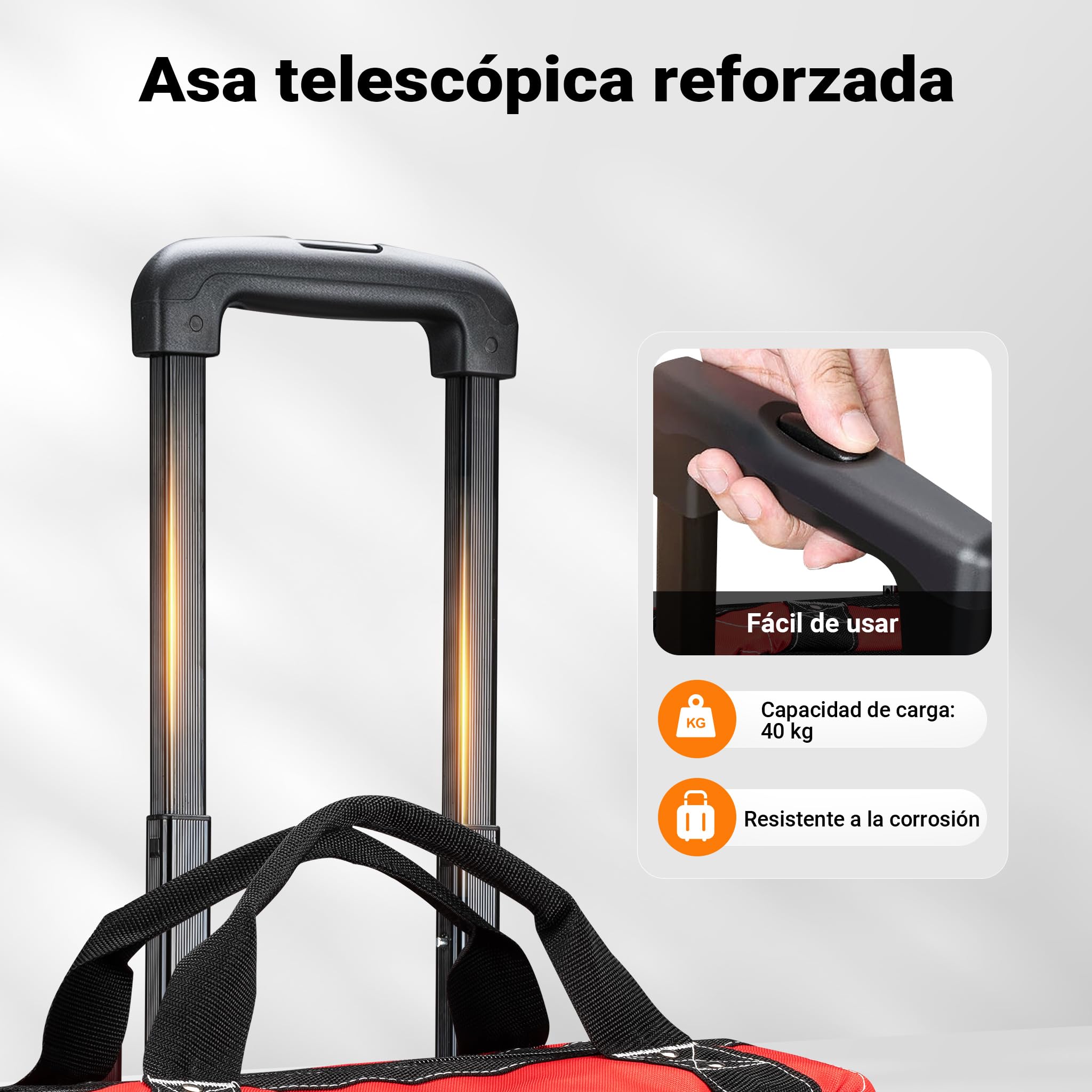 Wiltec Maleta de herramientas con ruedas 19 compartimentos 46 x 25 x 37 cm capacidad máx. 40 kg trolley con asa telescópica para ajuste fácil, pies antideslizantes, organizador
