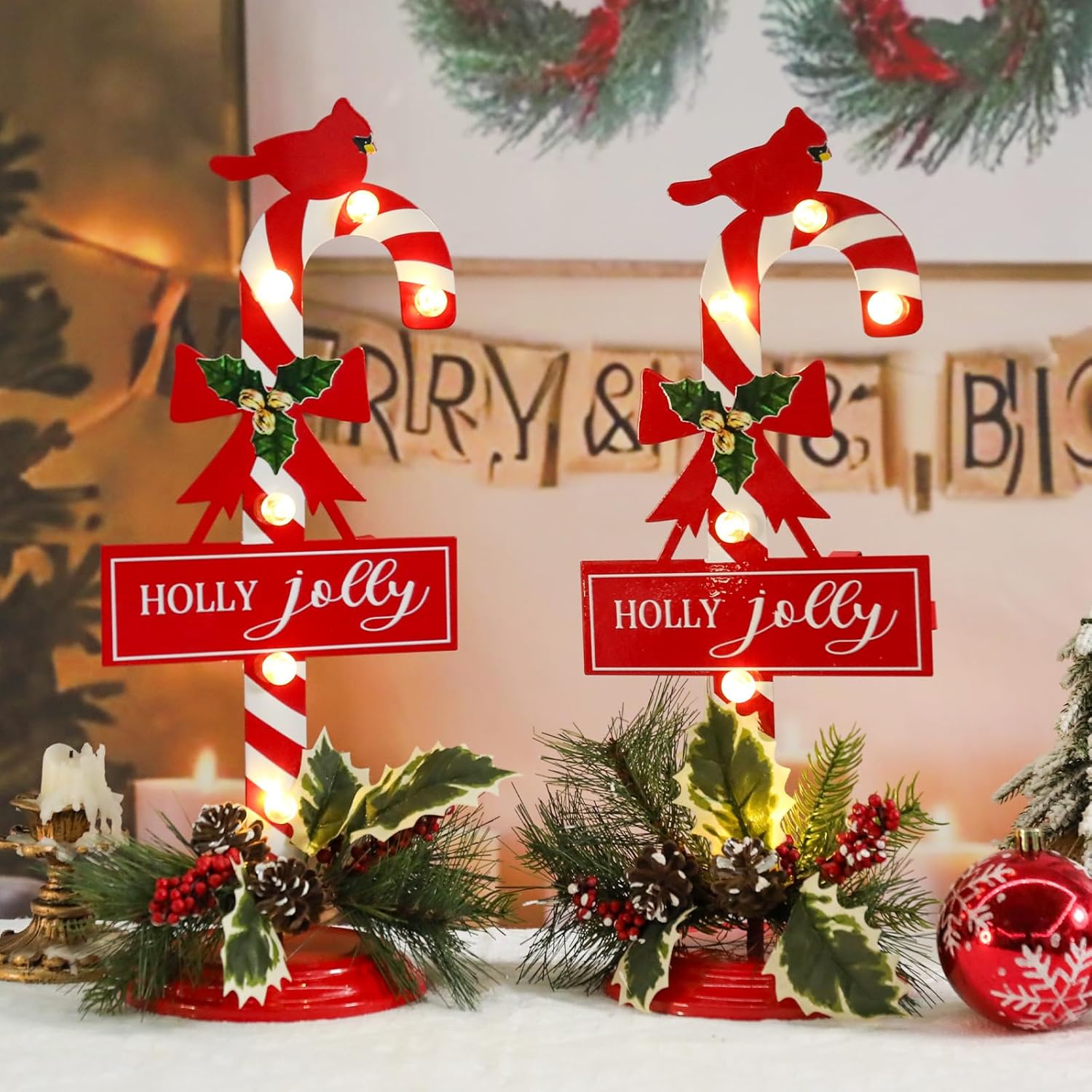 wonder garden christmas signs indoor - 2 pack lighted candy cane signs with artificial holly berries, 16 inch metal standing holly jolly sign decorations for home or party table decor gift(cardinal)