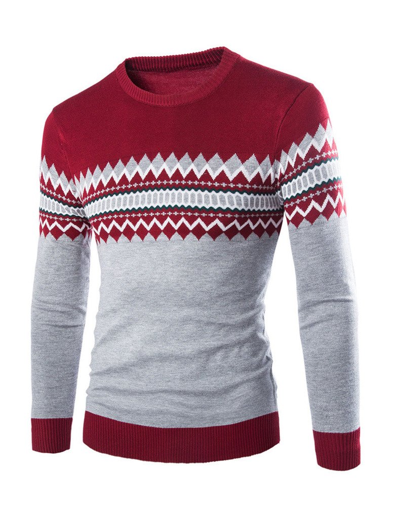 Legou Men's Red+Gray Long Sleeves Basic Knitted Pullover Crewneck Sweater L