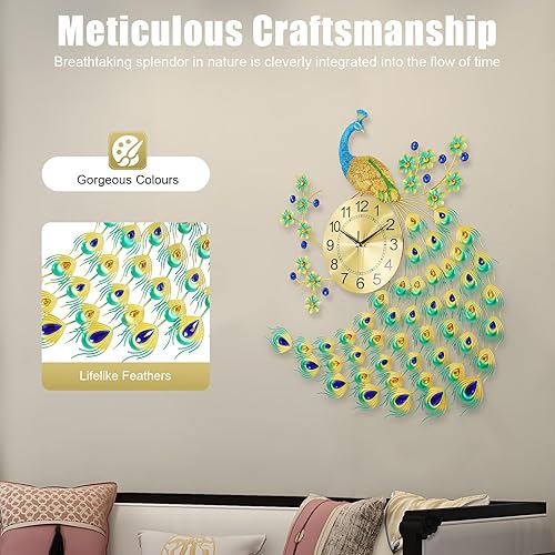 Miniatura 5 de Reloj de pared de pavo real, 8.26 pulgadas, de lujo, de metal 3D, reloj de pared creativo, reloj de pared digital de arte moderno, reloj de pavo