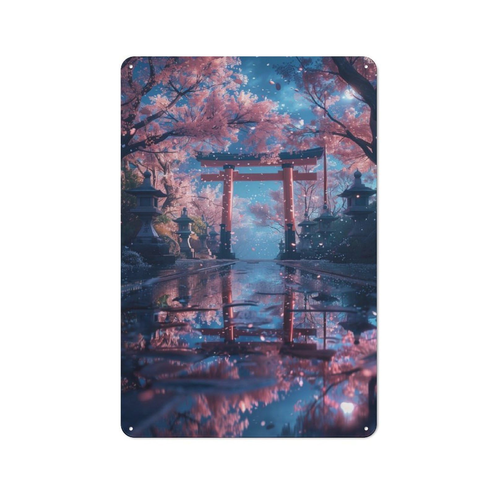 Cherry Blossom Torii Gate Character Metal Wall Decor 30x20cm, Vintage Metal Sign for Home, Shop, Pub Or Studio Wall