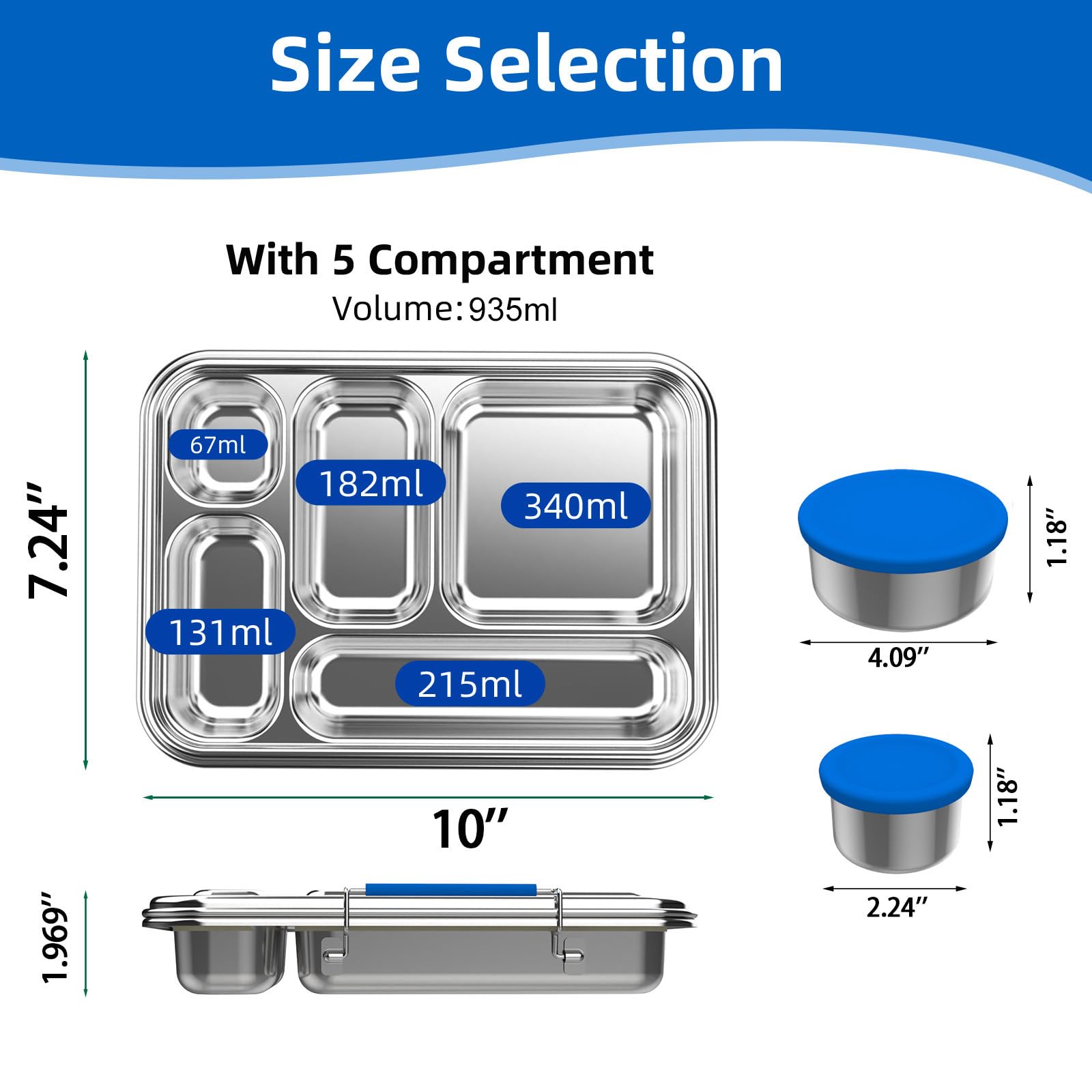 Caja Bento de acero inoxidable para adultos, 5 compartimentos, resistente a fugas, contenedor de almuerzo de acero inoxidable con 2 recipientes, apto para lavavajillas, diseño para picnics de oficina