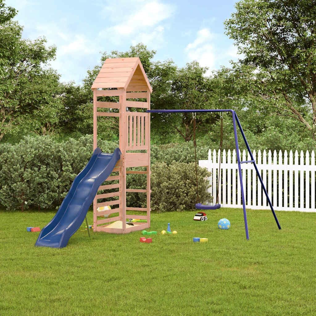 Natural Wood Solid Douglas Fir Outdoor Playset with Smooth Wave Slide, Saddle Swing, and Climbing Wall for Backyard Fun, Durable Construction, Large Playset for Active Play,