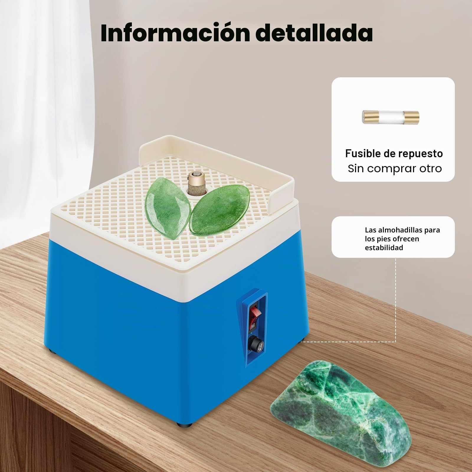 Amoladora eléctrica de vidrio de 65 W, 4200 rpm, con refrigeración por agua e interruptor de seguridad, dispositivo de mesa para lijar vidrio/cerámica/jade/piedra, enchufe UE 220 V, azul