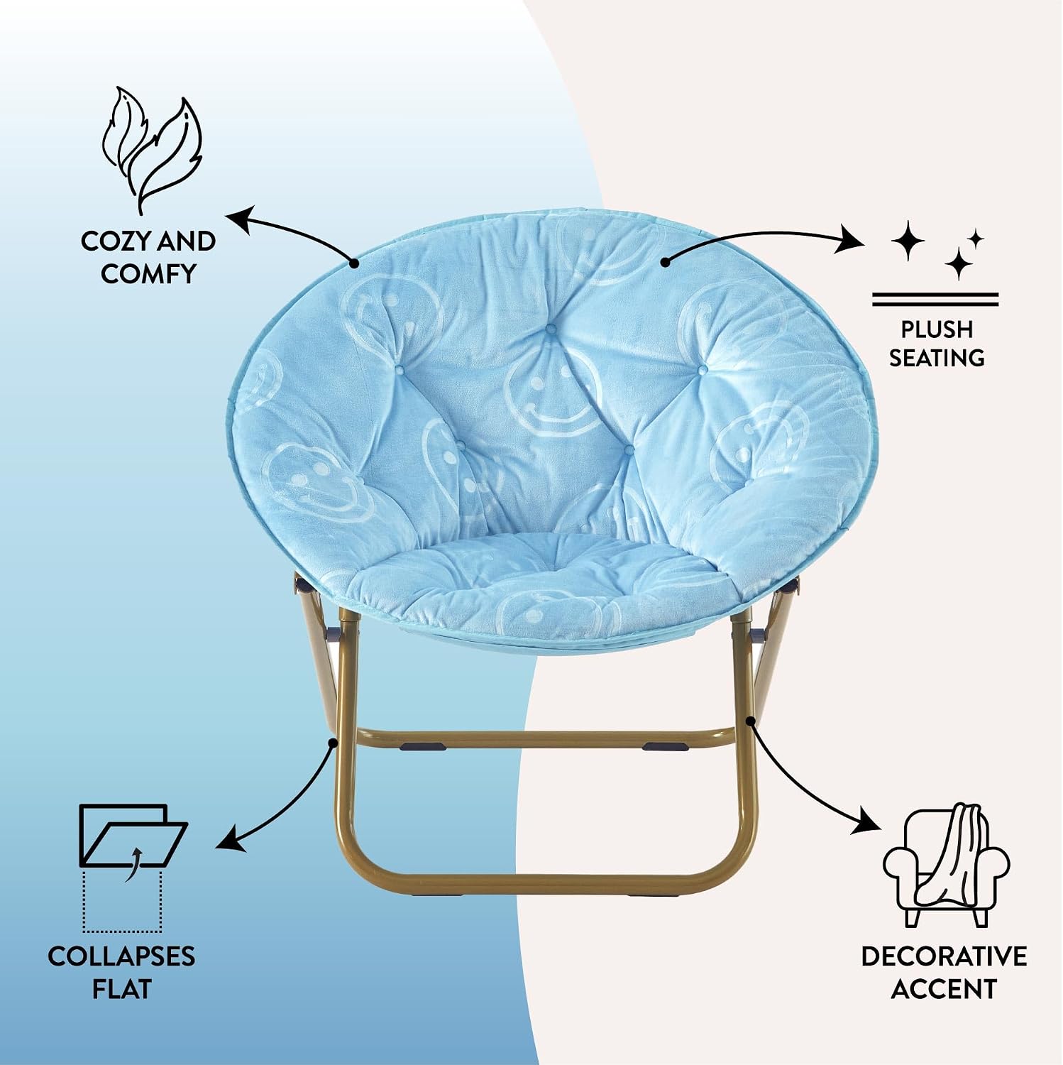 Urban Lifestyle Smiley Face Embossed Micromink Saucer™ Chair with Gold Legs, Baby Blue