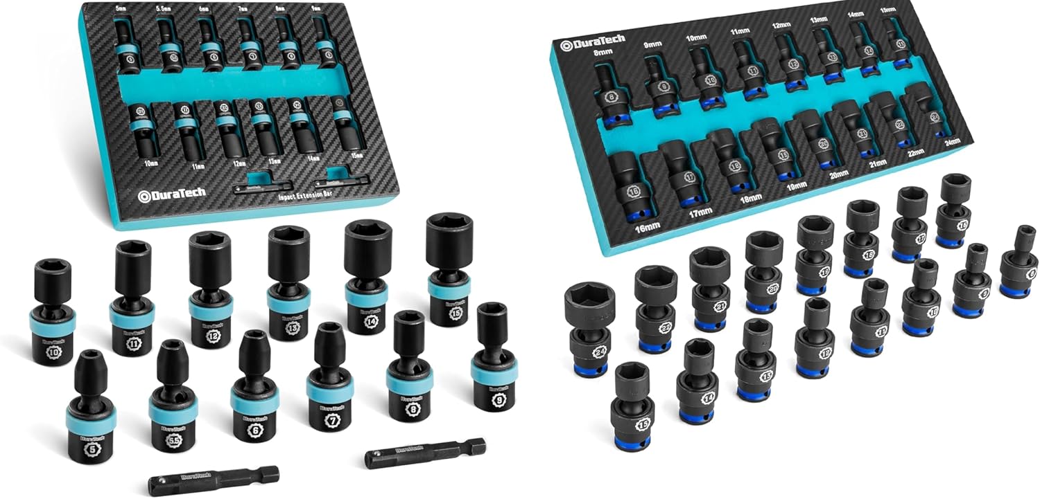 DURATECH Drive Impact Universal Joint Socket Set, Swivel Socket Set, 16-Piece, Metric Impact Sockets with 2" Extension Bars, Cr-Mo Steel, Organized in EVA Foam Organizer