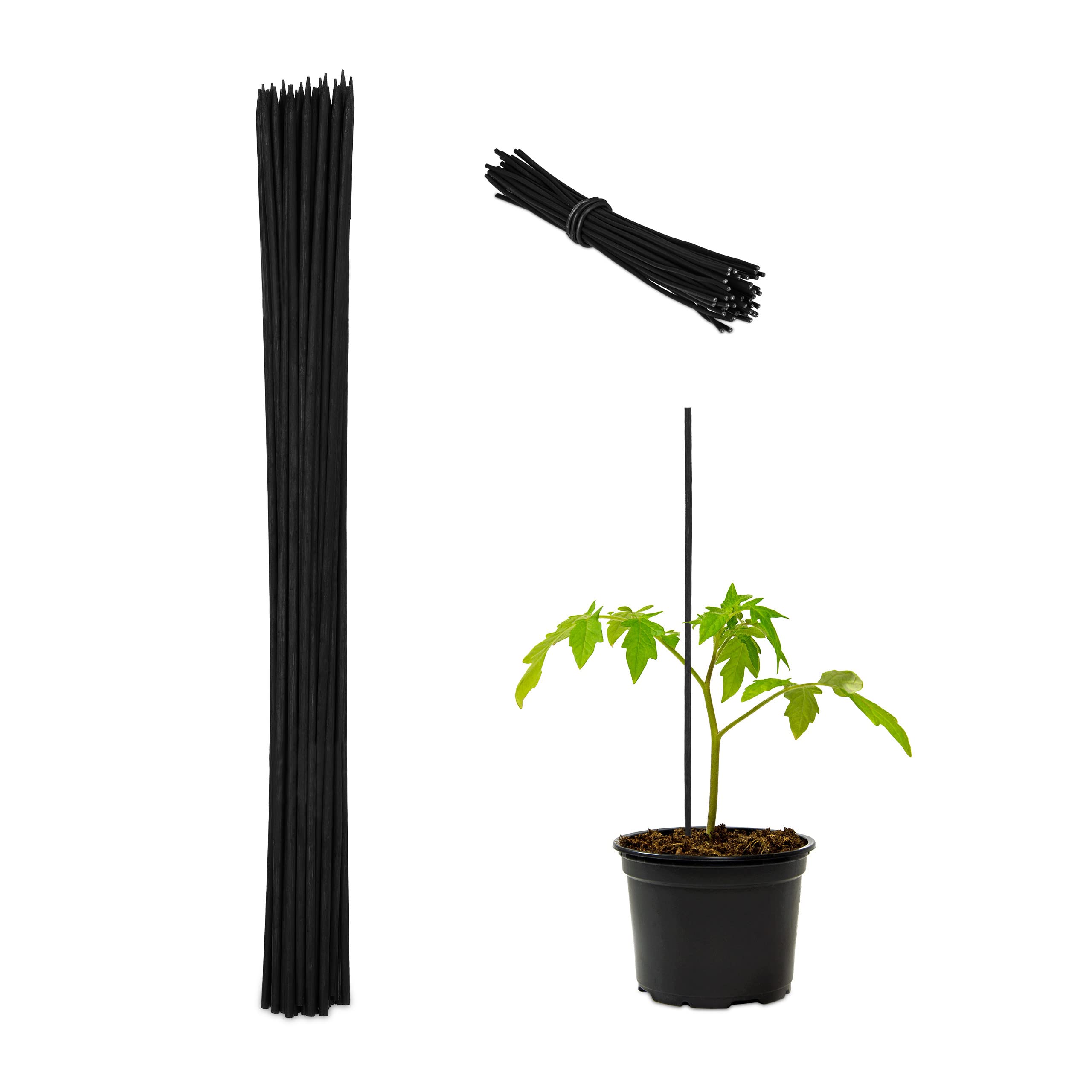 Relaxdays Set of 50 Plant Support Sticks, Bamboo, 60 x 0.6 cm, Climbing Aid for Young Plants with Binding Wires, Black