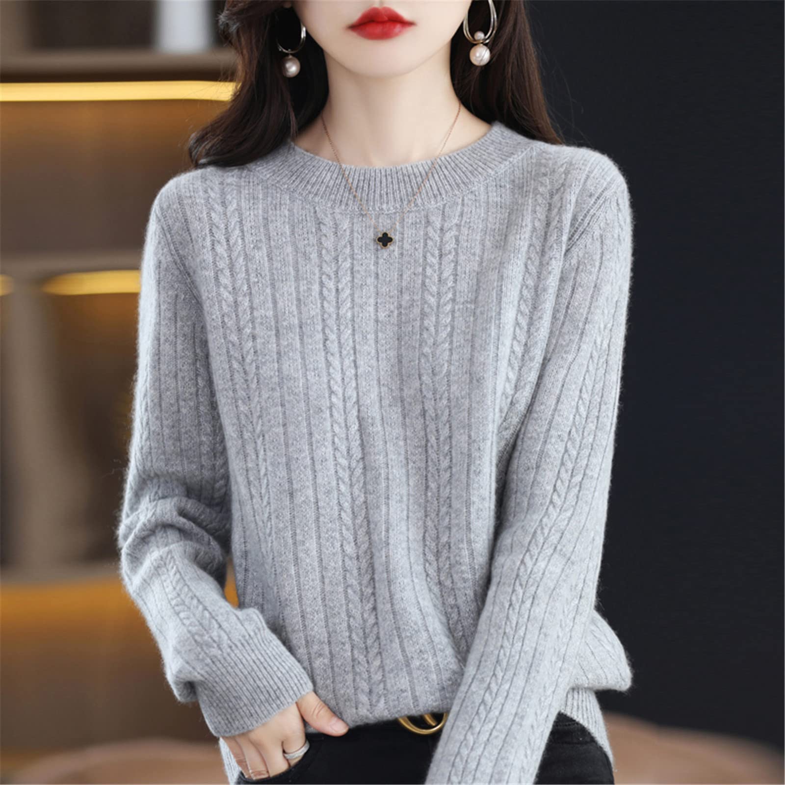 Suéter de cachemira para mujer, cuello redondo, suéter de otoño e invierno, nudo superior, suéter de lana engrosada, Camello dorado, S
