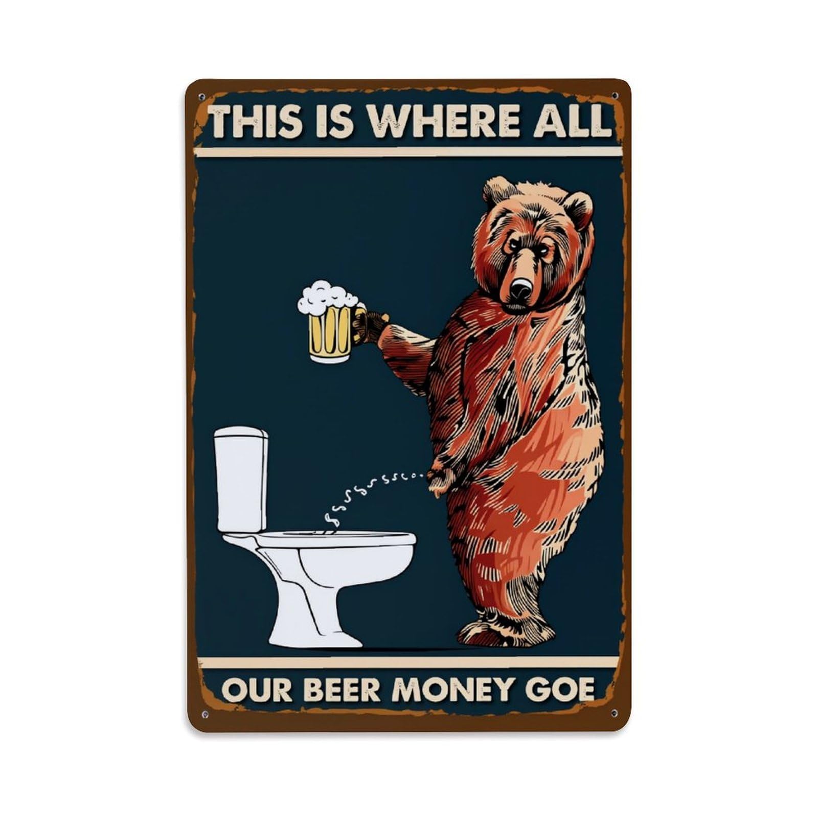 Enderetf Vintage Bear Holding Beer Near Toilet Tin Sign Metal Poster, Home Bar Garage Man Cave Cafe Indoor & Outdoor Wall Decoration 8X12inches