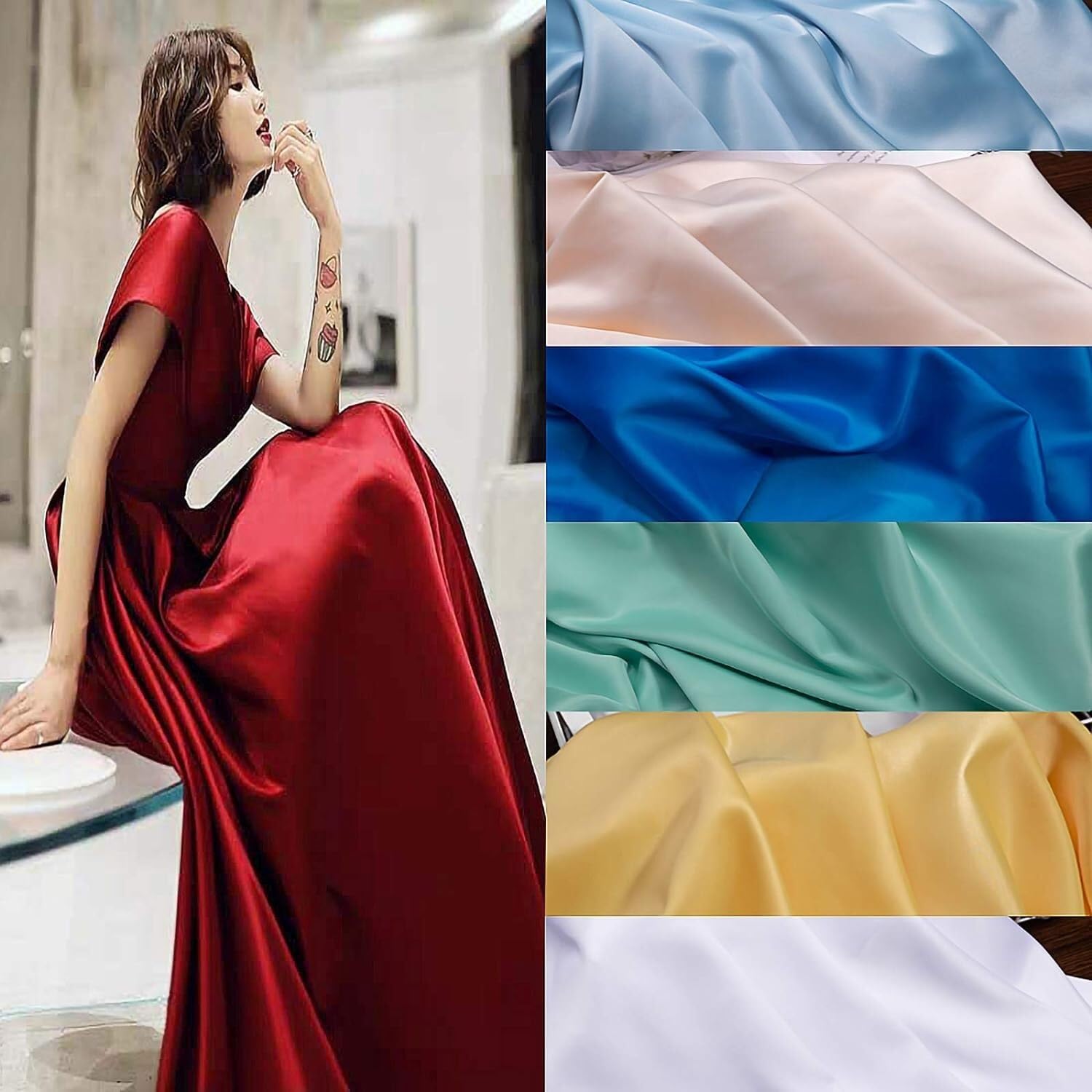 LNNW Tessuto di raso di seta largo 150 cm Materiale di rivestimento Sartoria Matrimonio Prom Tessuto di raso di seta 2 m per abbigliamento, arte e artigianato, cucitura