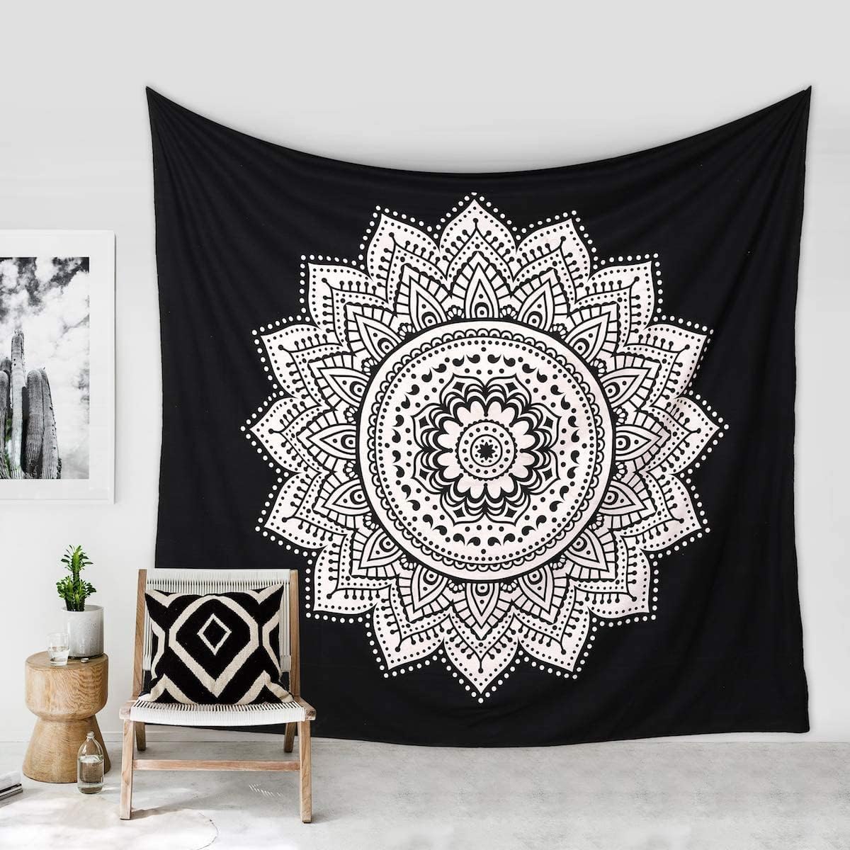Psychedelic Mandala Tapestry Wall Hanging for Room Decor - Twin (54 X 78 Inches) | Aesthetic Wall Blanket, Ehtnic Bedspread Bohemian Cloth Wall Art | Indian Hippie Wall Blanket - Black & White