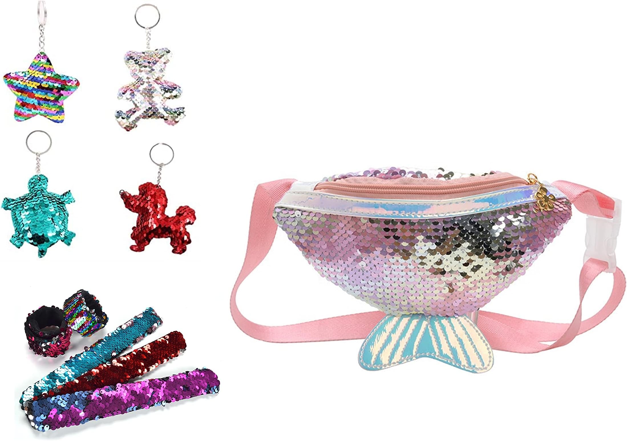Aashiya Cross Body Mermaid Fashion Makeup Bag Waist with Slap Band and Sequin Keyring