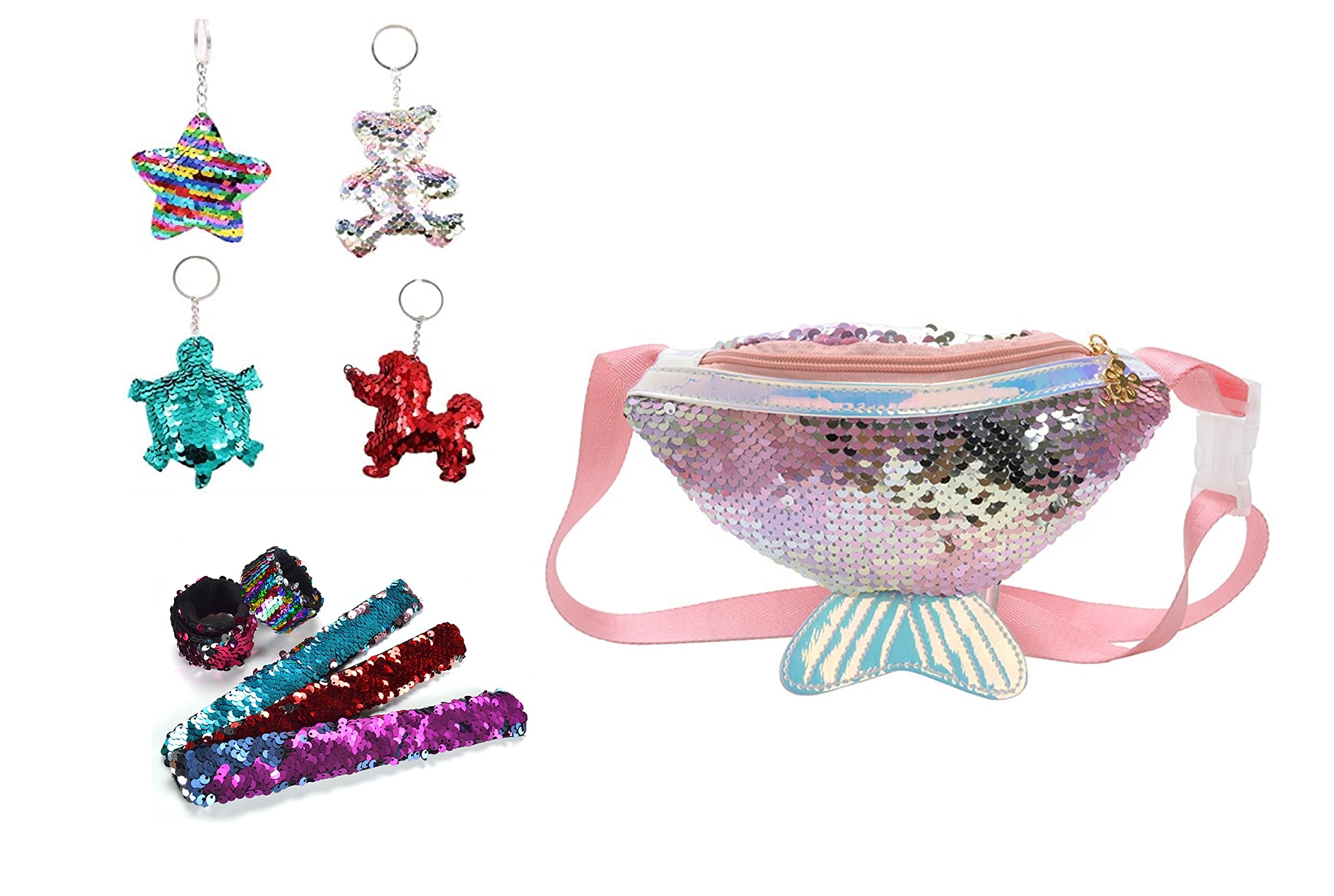 Aashiya Cross Body Mermaid Fashion Makeup Bag Waist with Slap Band and Sequin Keyring