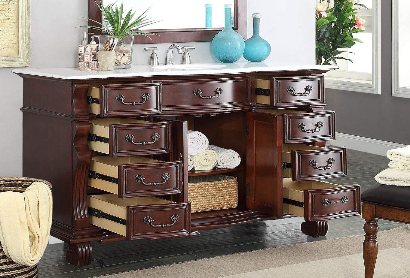Chans Furniture 60" Large and Spacious Single Sink Bathroom Vanity Cabinet - Model DG-4437W-60 Hopkinton