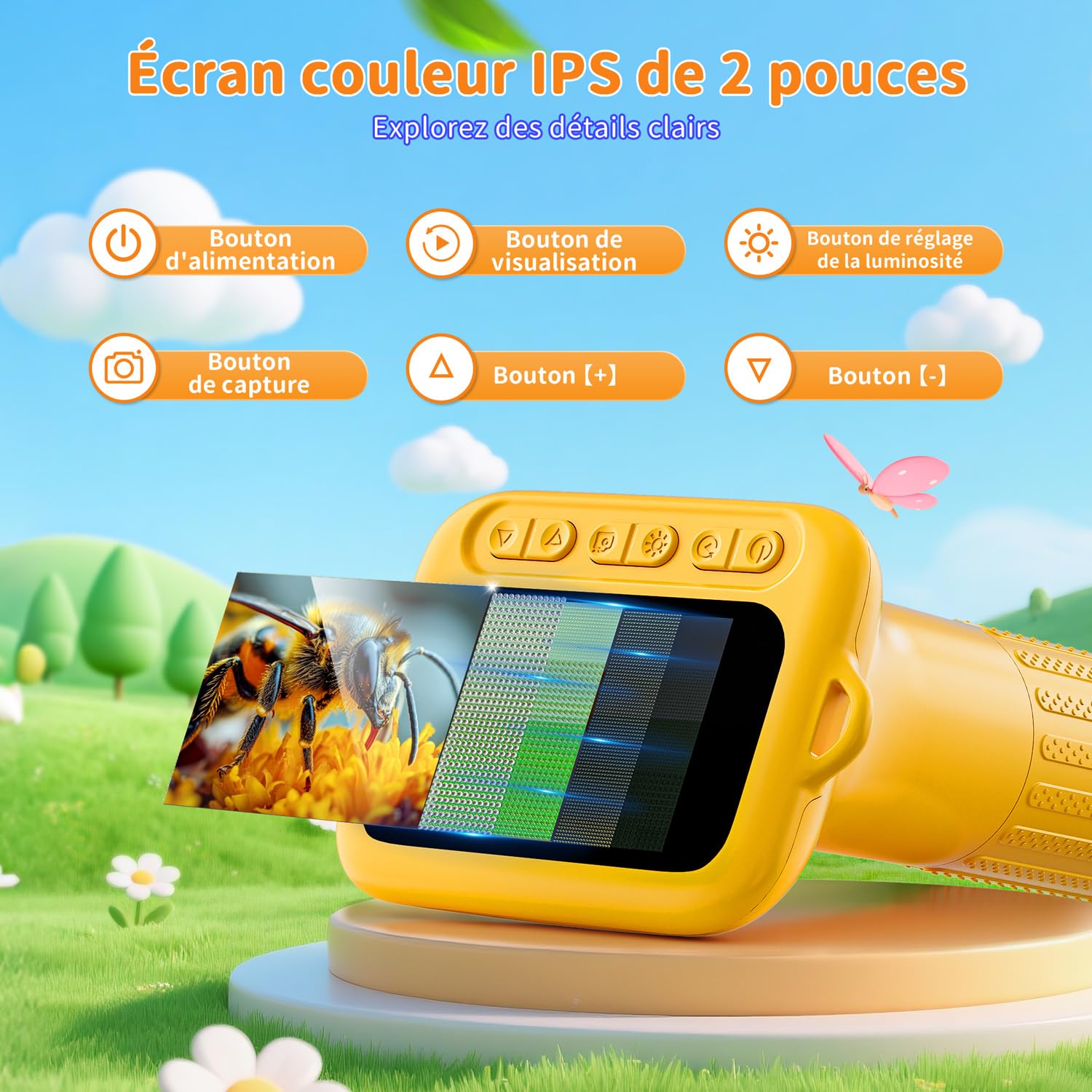 SKYBASIC Microscope Numérique pour Enfants avec Écran IPS 2.0 Pouces, Rechargeable, Grossissement 1000x, 8 Lumières LED, pour Enfants de 4 à 8 Ans（Jaune）