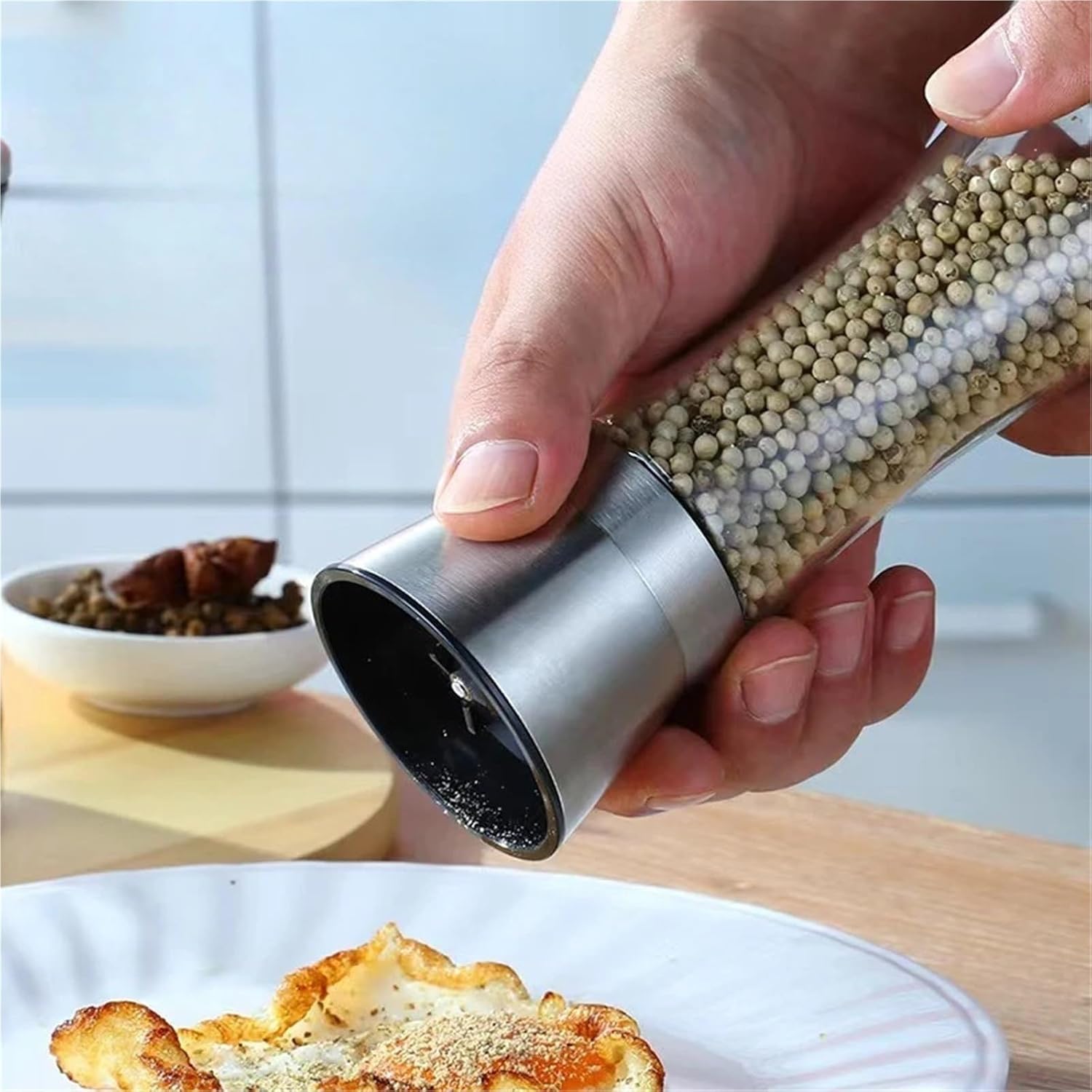 Stainless Steel Manual Pepper Grinder with Glass Seasoning Bottle, Kitchen Spice Mill(High-end)