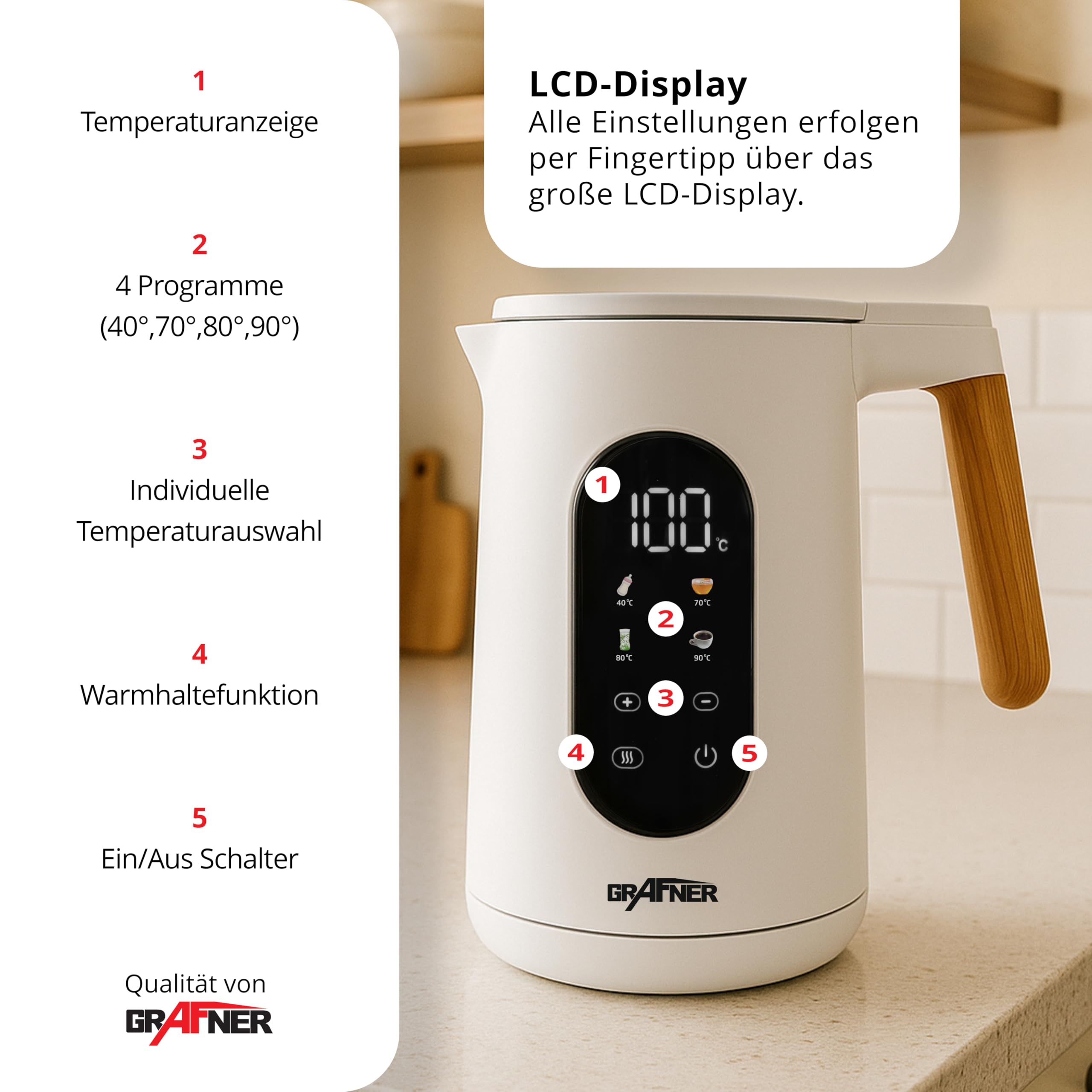 Grafner Hervidor de agua de acero inoxidable con ajuste de temperatura, 40 °C a 100 °C, pantalla grande, función de mantenimiento del calor y función de memoria, 4 programas, doble pared, 1,7 litros
