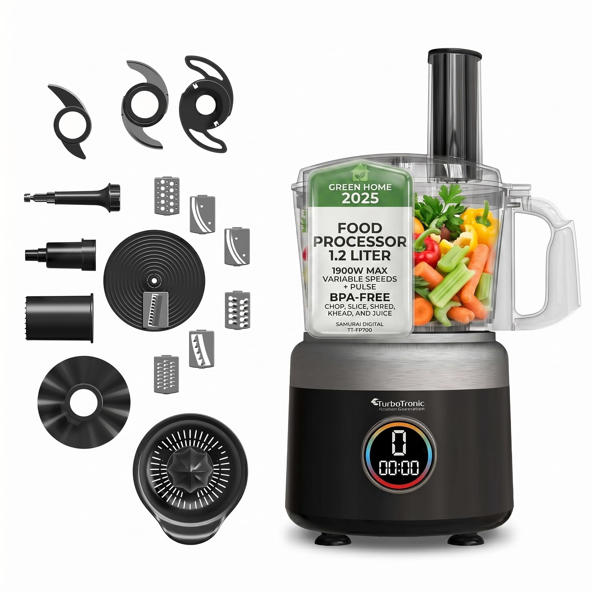 TurboTronic FP700 Robot de cuisine numérique 1900 W - 1,2 l - Hachoir à tranches de râpe - Presse-agrumes - Broyeur à glace dégradé - Mixeur noir