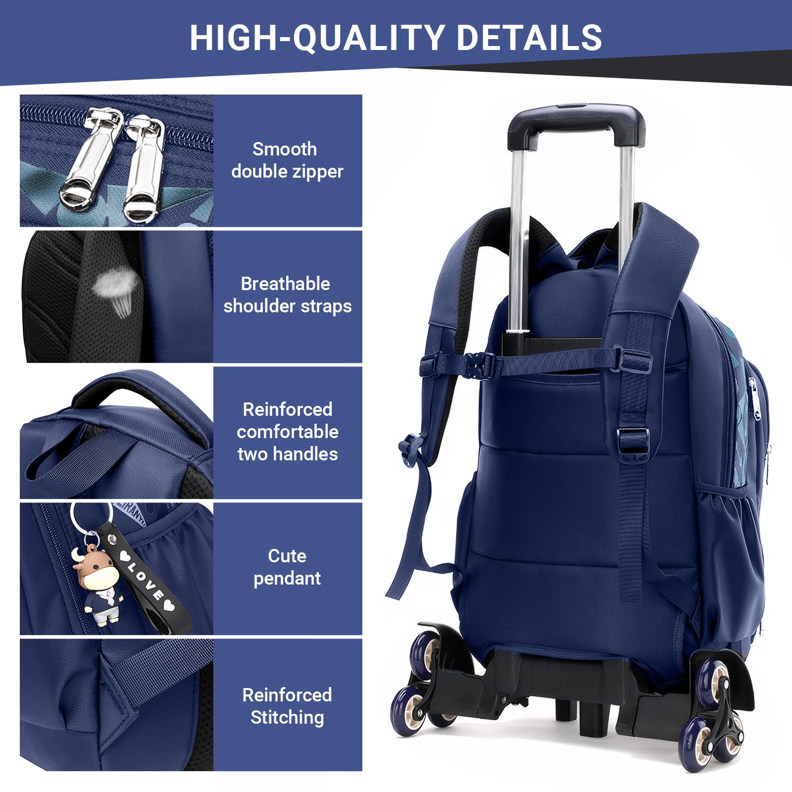 Amythe Zaino Trolley per Bambini Zaini Scuola Elementare, Zainetto Ragazzi da Viaggio con Carrello e Maniglia Telescopica, 6 Ruot