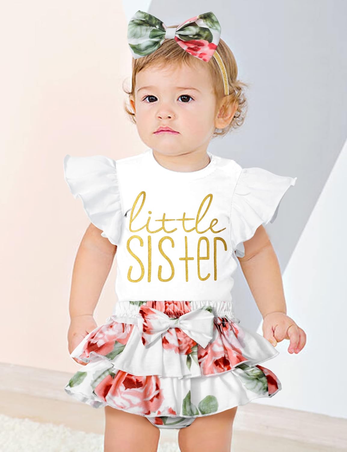 Baby Girl Clothes,Girl Summer Outfit Romper Sets Ruffle Short Sleeve Top+Shorts+ Bow Hairband 3Pcs Set - Image 3