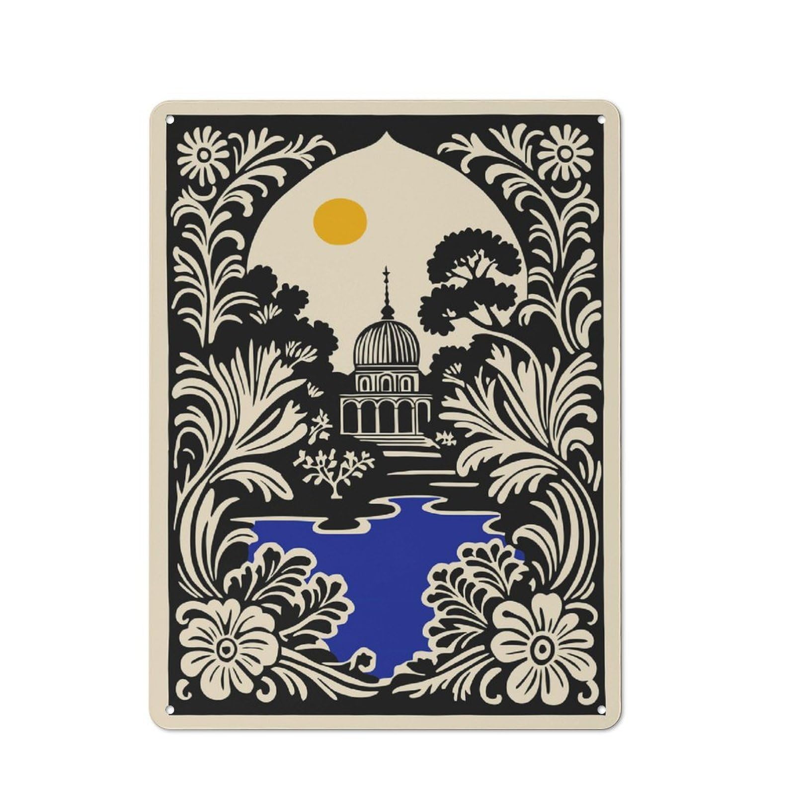 Junmoney Style-22 Ornate Garden Temple Illustration Retro Tin Sign 40X30cm For Café Or Restaurant, Housewarming Wall Decor For People Furnishing Café And Restaurant