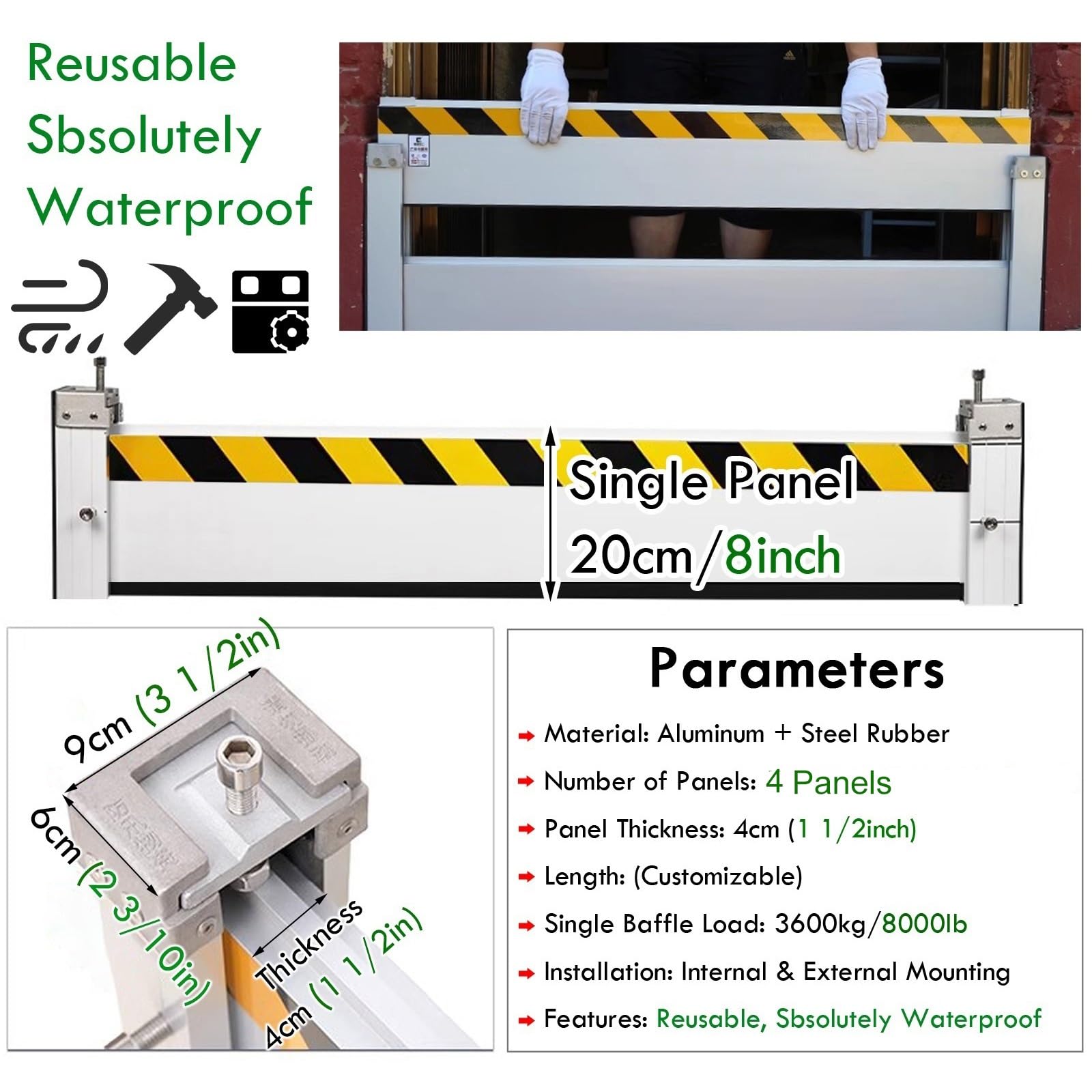 Anti Flood Barrier for Door, Long Flood Water Barrier for Home Door Heavy Duty, Upright Removable Commercial Aluminum Water Stopper Flood Barrier Front Door Garage(H 47.2IN,Length 3.8FT(1 Section))