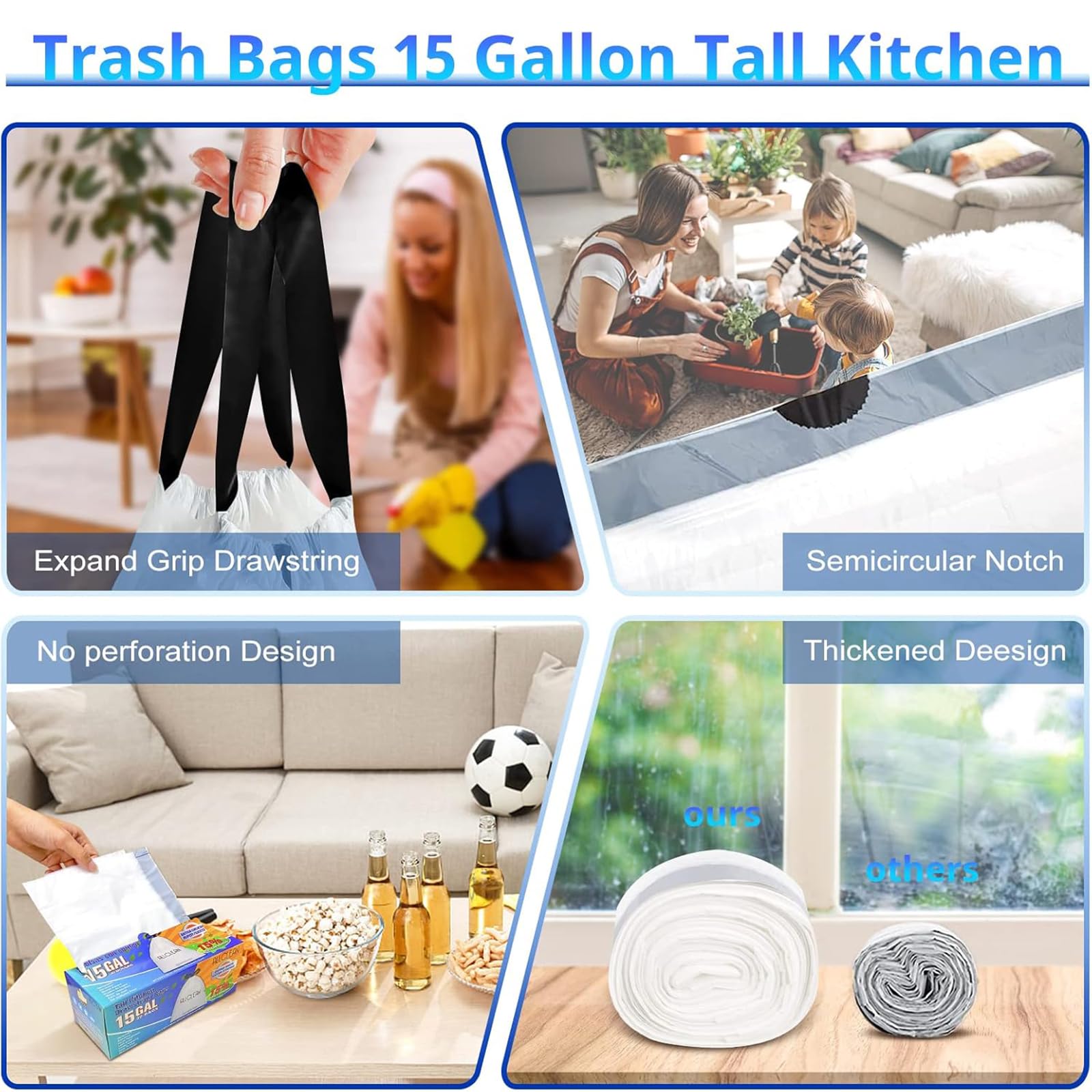 Bolsas de basura de 15 galones con cordón alto, Bolsas para Basura, Saco de Basura