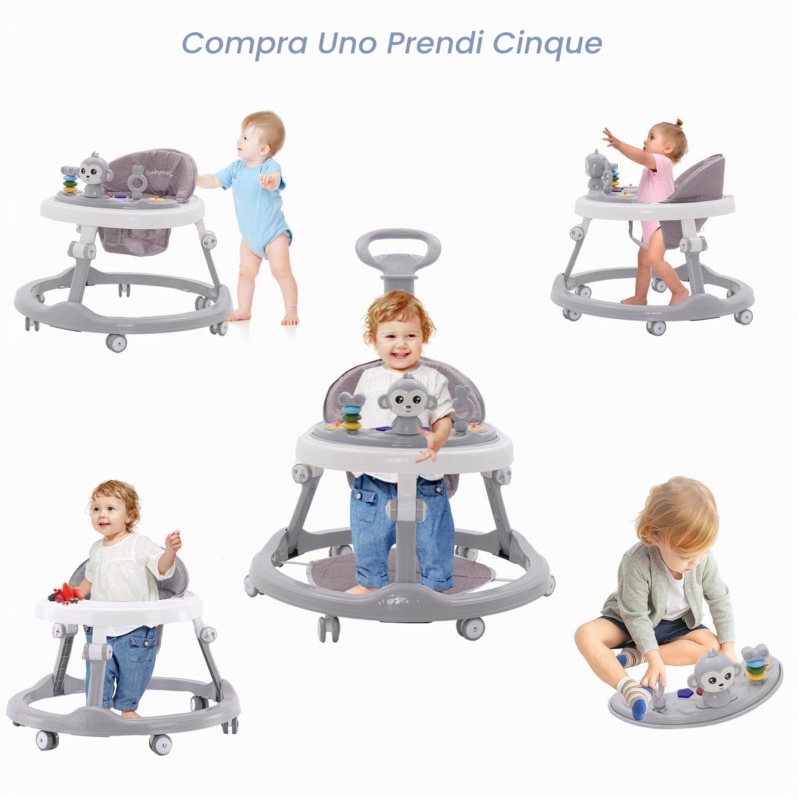 Girello antiribaltamento in plastica didattico Montessori musicale Giocattolo da esterno 4 in 1 Girello Ausilio per camminare in piedi Ragazza Grigio