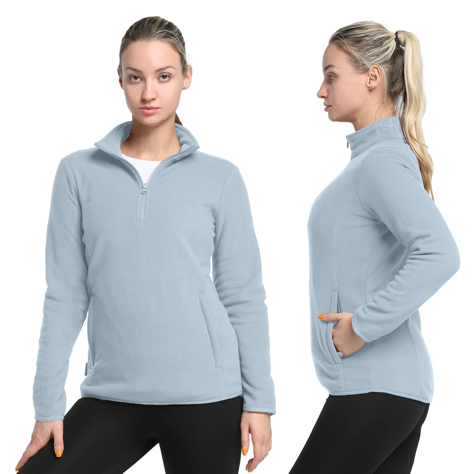 33,000ft Pull en polaire pour femme avec demi-fermeture éclair - Chaud - Pull de ski - Micropolaire respirante - Pour les voyages, la randonnée, le ski, bleu clair, 40