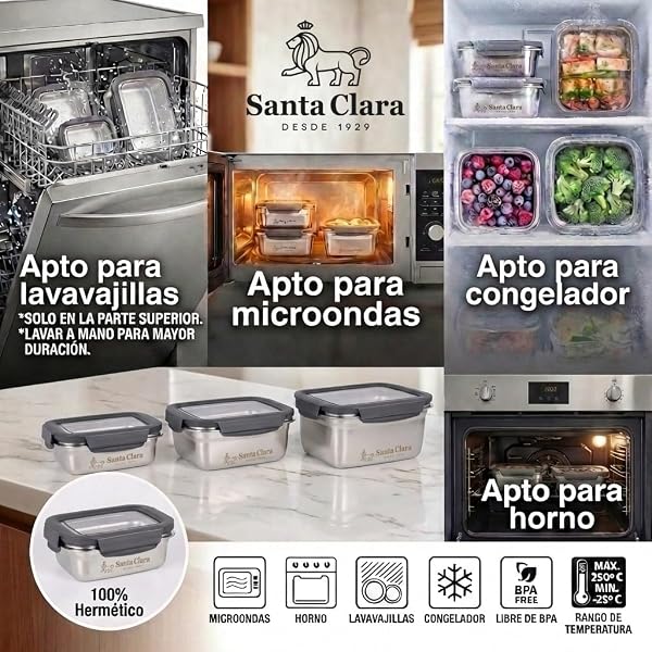INDE SANTA CLARA | Fiambrera de Acero Inoxidable 0.6L Hermética para Microondas, Tapa Plástica con 4 Cierres, Apta para Horno, Tupper Acero Inoxidable, Bento Box, Termo Comida - 3
