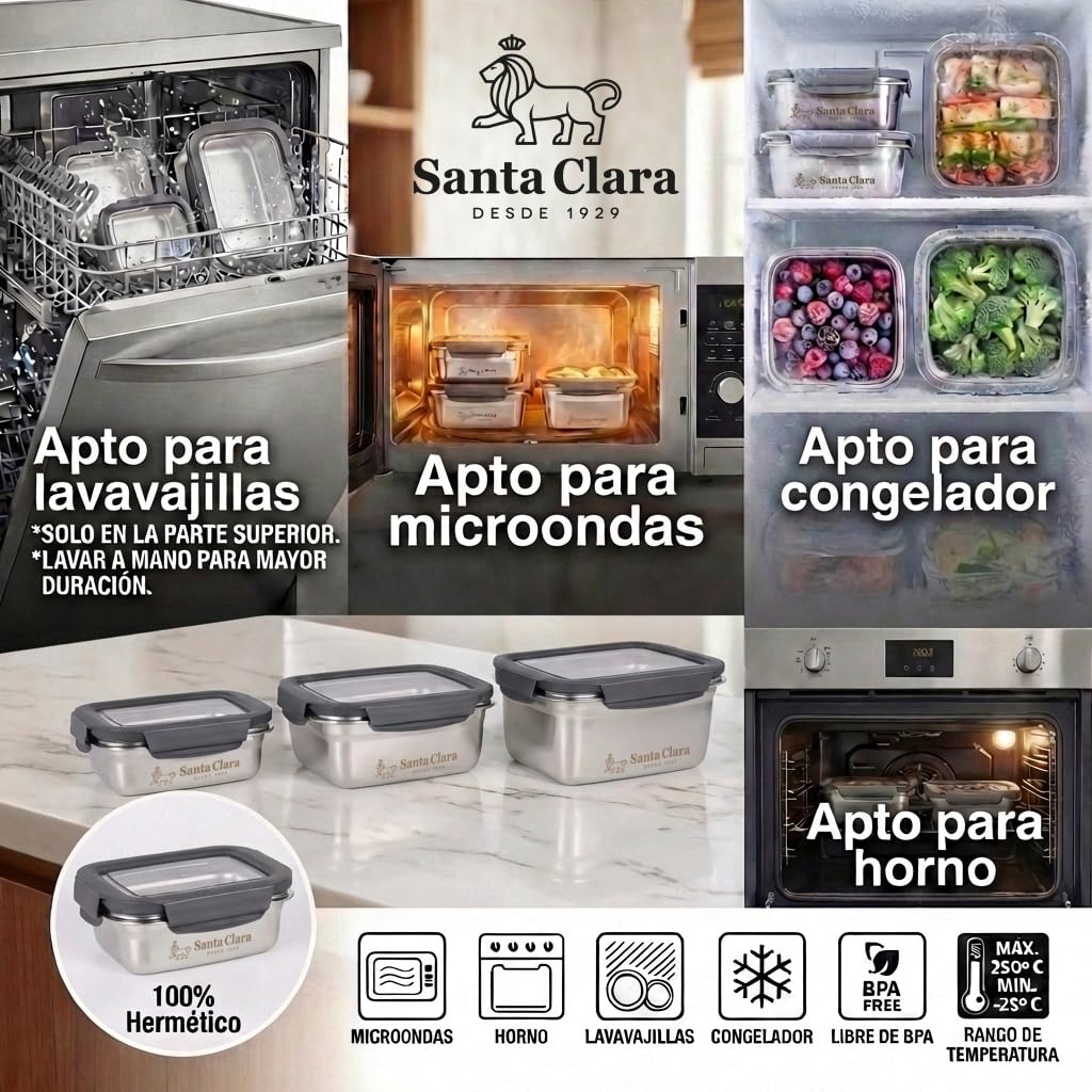 INDE SANTA CLARA | Fiambrera de Acero Inoxidable 0.6L Hermética para Microondas, Tapa Plástica con 4 Cierres, Apta para Horno, Tupper Acero Inoxidable, Bento Box, Termo Comida — view 3