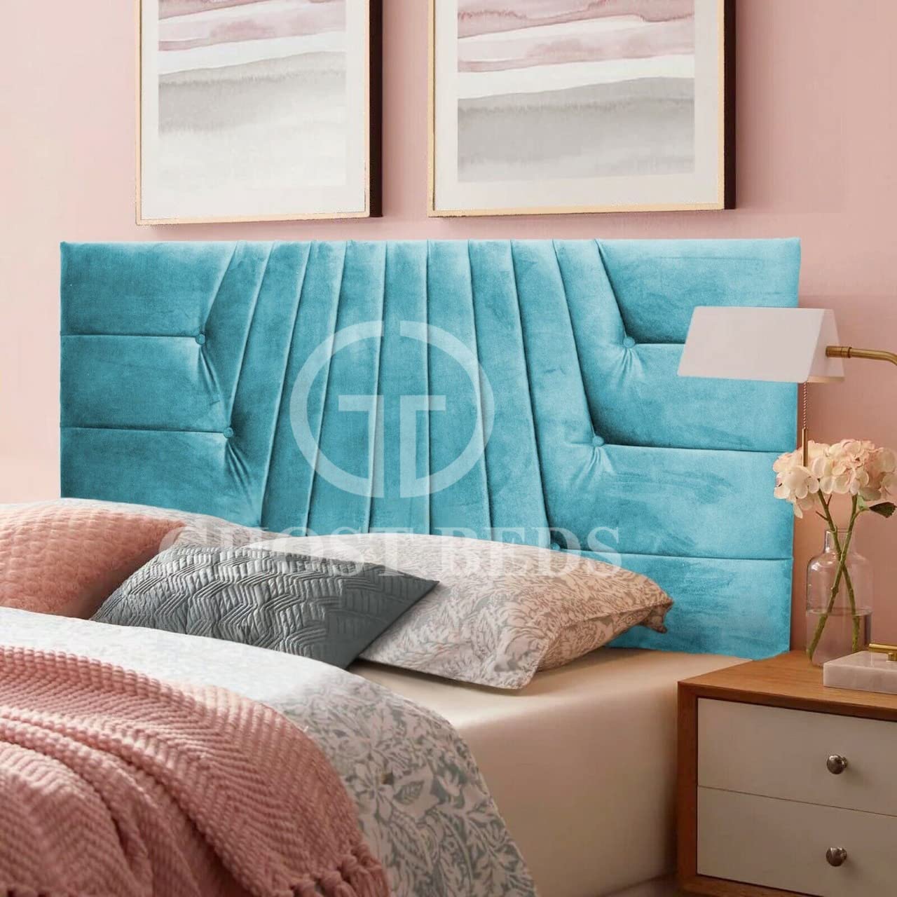 GHOST BEDS Saturn Luxury Plush Velvet 24" Headboard *Colours Blue Plush Velvet, 2ft6 Small Single (75 x 190 cm)