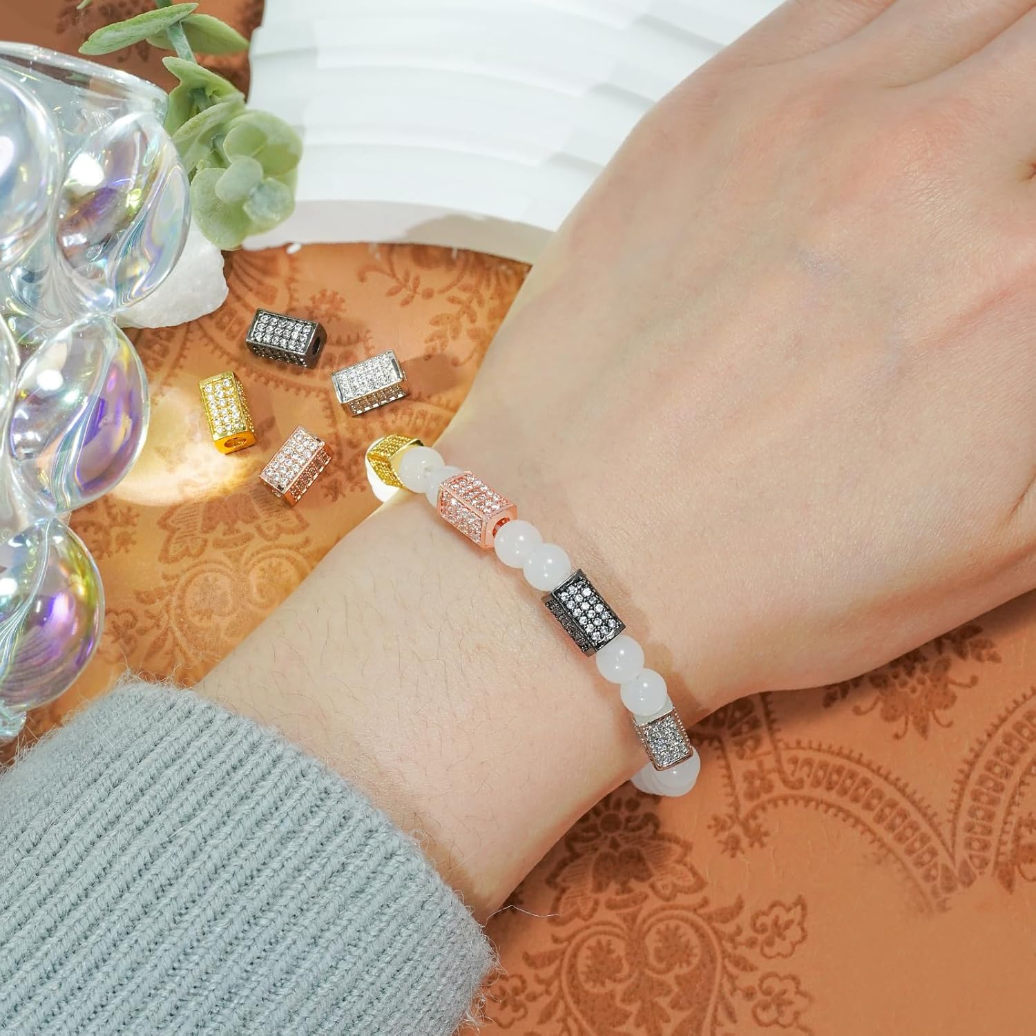 8 PCS Pillar Charm Spacer Beads, Mixed Color Brass Connector White Zircon Charm Beads for Bracelet Necklace DIY Jewelry Making Crafts - Image 9