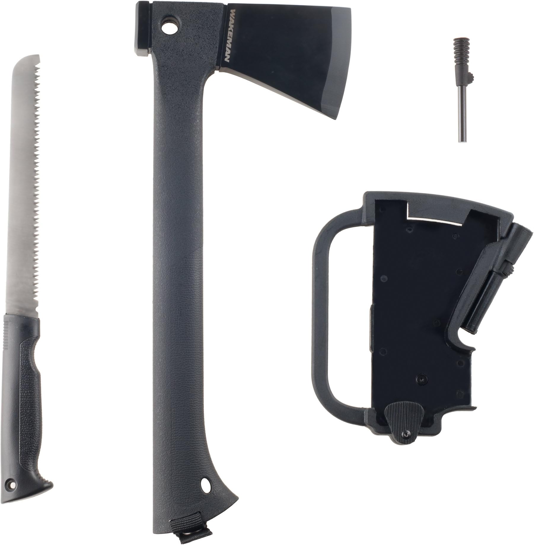Wakeman Camping Hand Axe and Survival Gear - Lightweight Hatchet with Nested Serrated Wood Saw Knife and Magnesium Fire Starter Tool (Black)