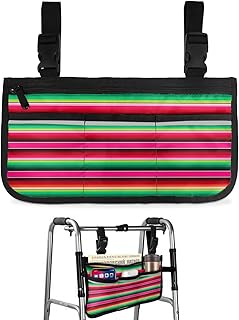 Colorful Mexican Stripes Wheelchair Side Bag Walker Bag, Green Pink Tribe Ethnic Wheelchair Accessories Armrest Pouch, Organizer Storage Bag for Walkers, Rollators, Scooters, 7.3'x13'