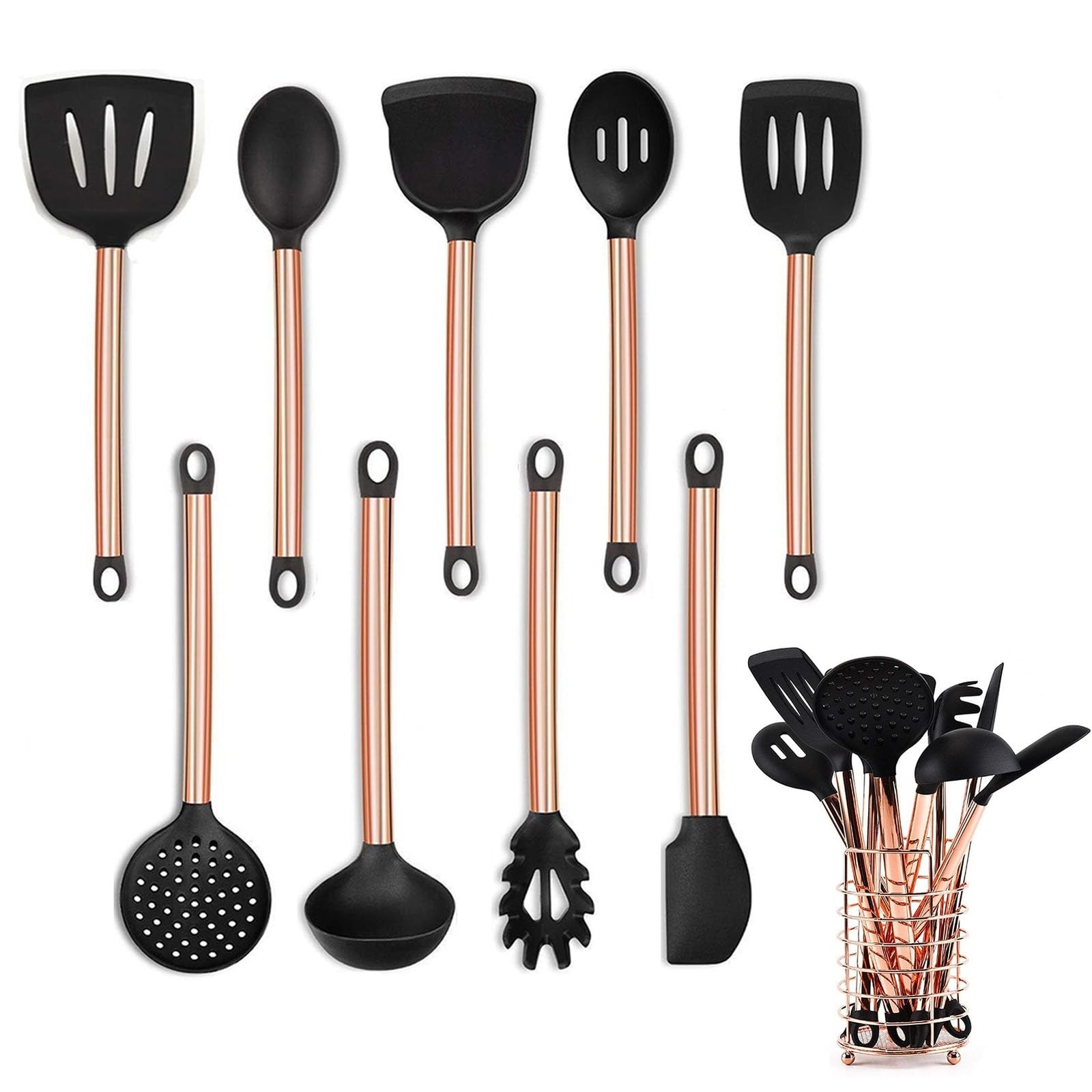 Set di utensili da cucina, 10 pezzi, in silicone, manico placcato in rame, antiaderenti, resistenti al calore, con supporto (oro rosa)