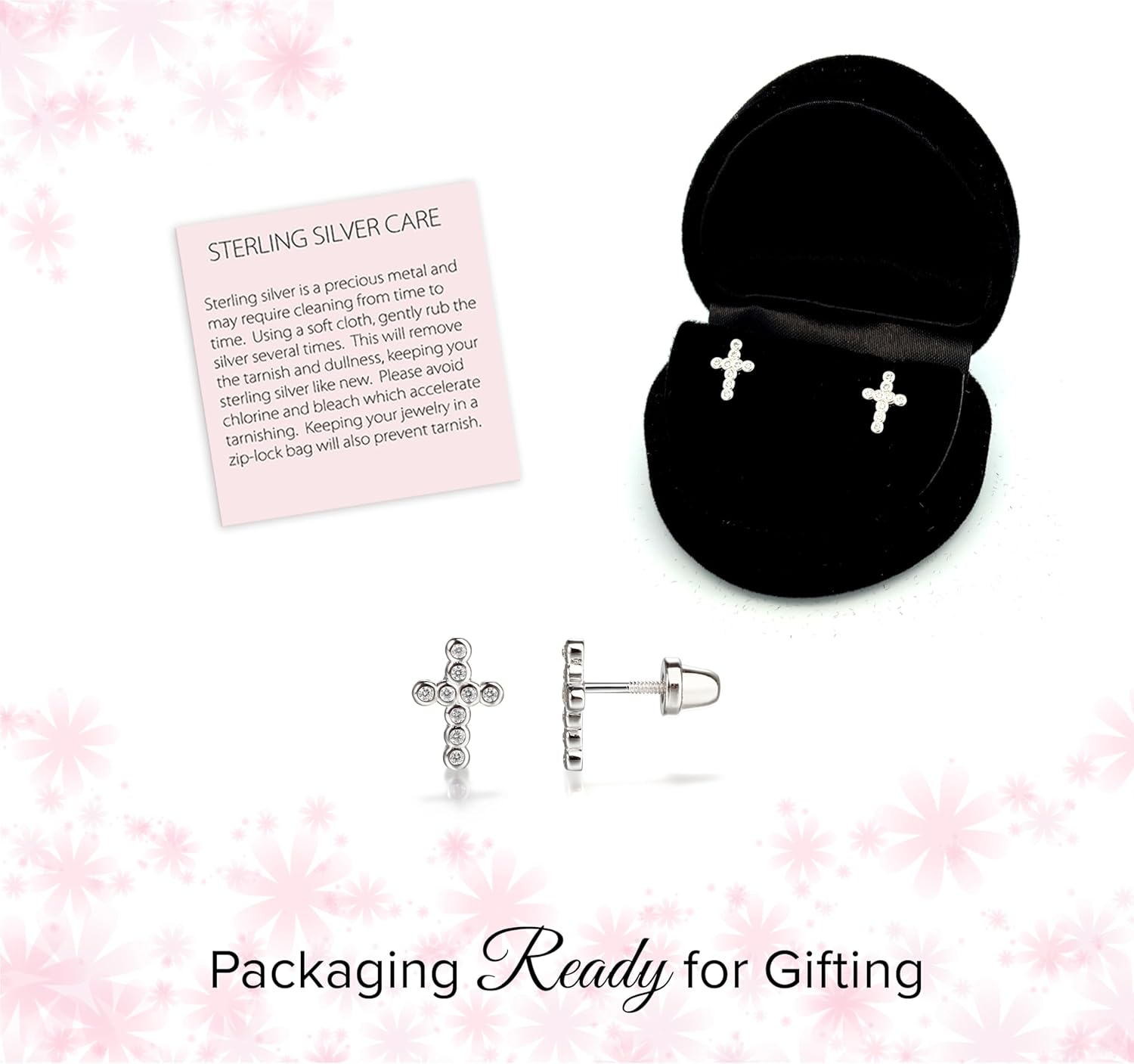 Cherished Moments Children's .925 Sterling Silver or Gold-Plated Cross Earrings with CZs and Safety Screw Backs for Baptism, Christening and First Communion Gifts for Girls