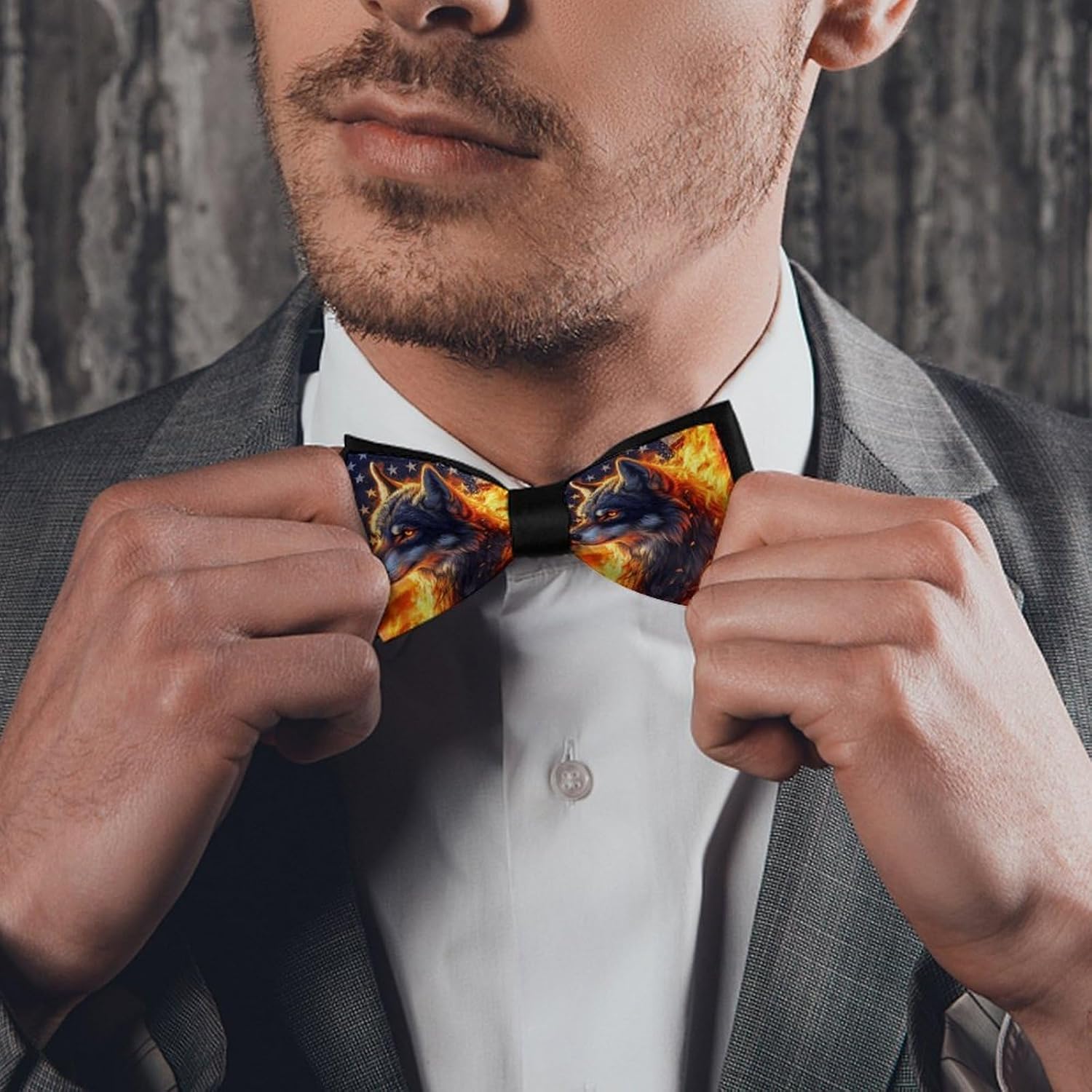 Fire Wolfs Flag of USA Bow Ties for Men Fun Printed Pre Tied Adjustable Bowtie for Party Wedding