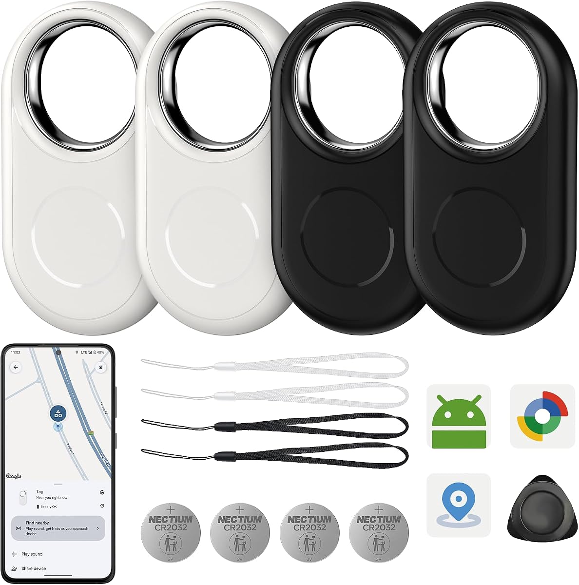 RSH Android Bluetooth Tracker Smart Tag, Works with Google Find Hub, 4 Pack, Key Finder for Wallet/Luggage/Backpack, Android Only, Loud Beep, Last Known Location (Schwarz+Weiß)