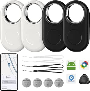 RSH Android Bluetooth Tracker Smart Tag, Works with Google Find Hub, 4 Pack, Key Finder for Wallet/Luggage/Backpack, Android Only, Loud Beep, Last Known Location (Schwarz+Weiß)